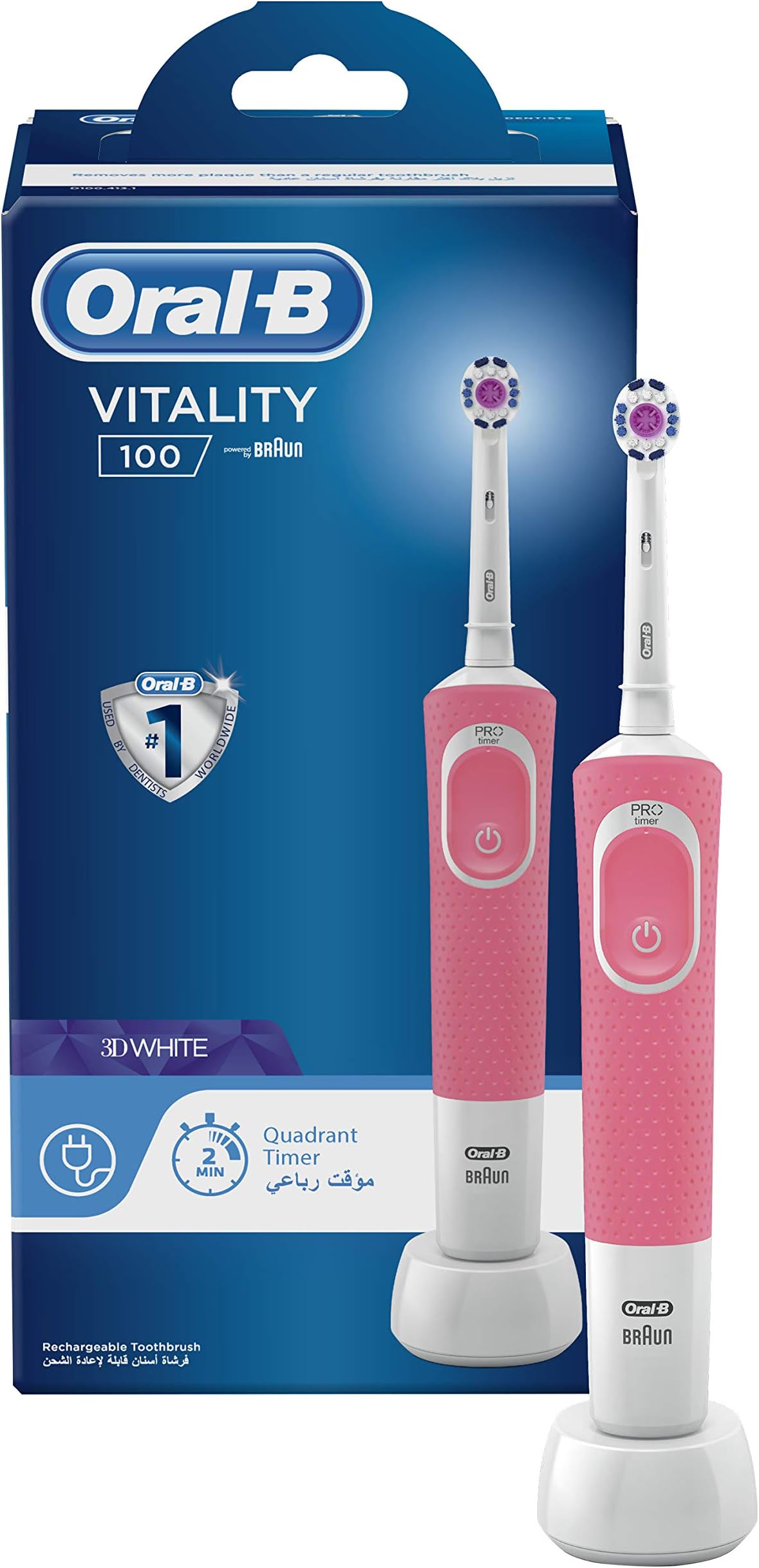Oral B Vitality 100 Pink Electric Rechargeable Toothbrush, With Uae 3 Pin Plug