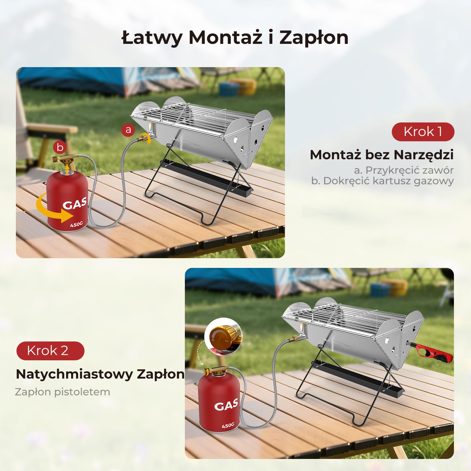 CAMPLUX Przenośny Grill, Kuchenka Turystyczna 2-w-1 na Gaz i Węgiel Drzewny z Rusztem 340 x 250 mm i Torbą do Przechowywania do Ogrodu, Pikniku, Grillowania na świeżym Powietrzu, FoldGo FG14GS