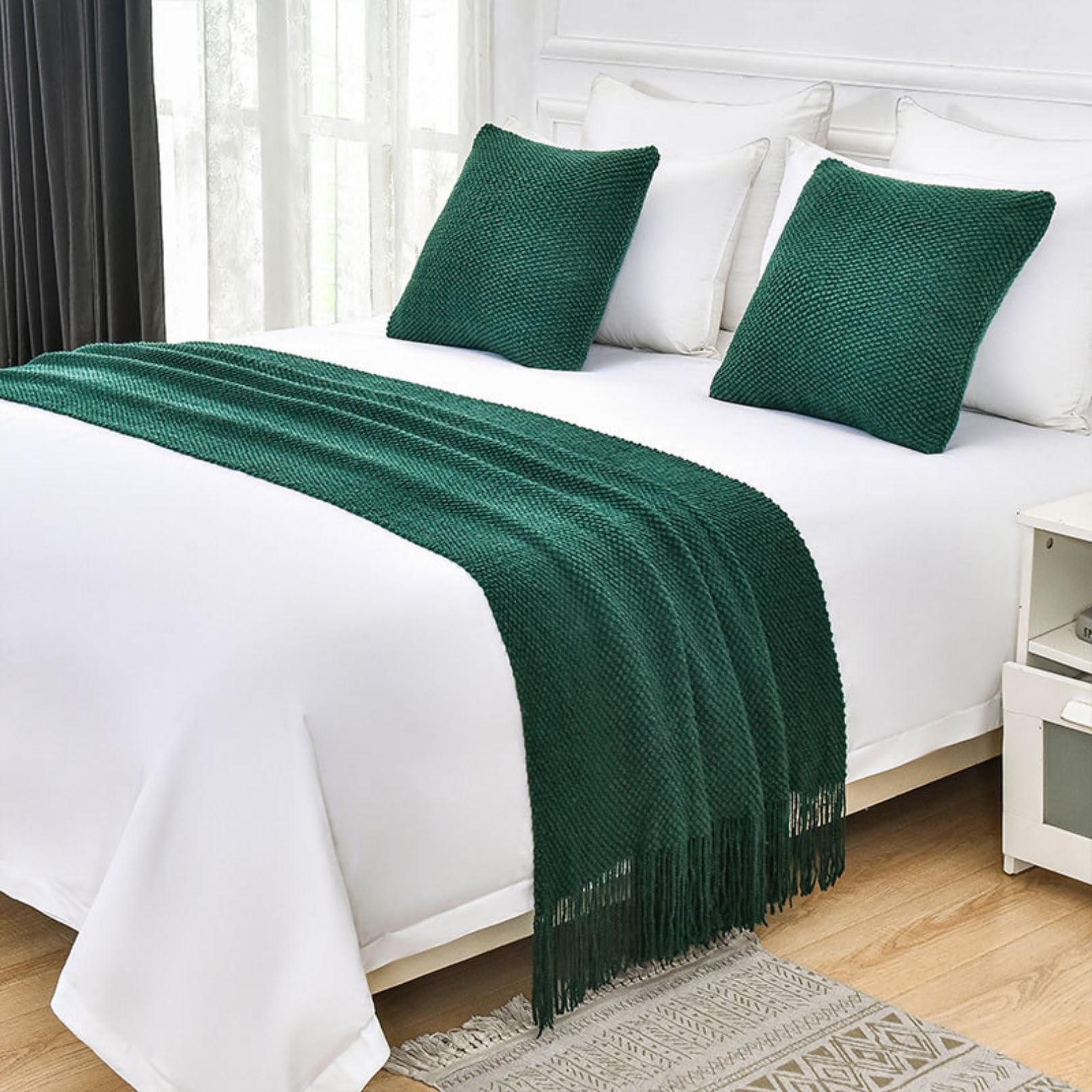 LEEMQCYA Bed Runners & Scarves Dark Green Bed End Towel for Foot of Bed Throw Blanket Bedroom Bedspread Protection Hotel Bed Scarf for Living Room Wedding Dormitory Decor,Single/Twin — image 1