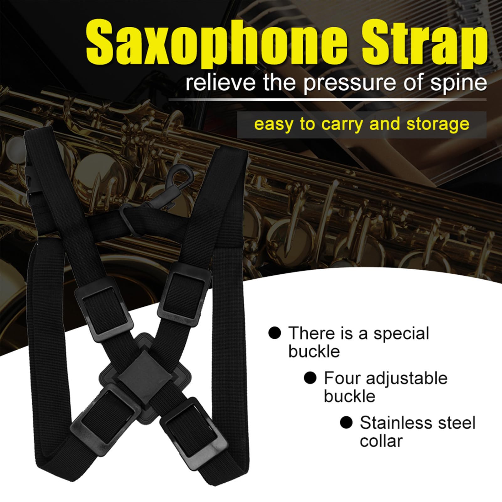 Cyrank Adjustable Sax Saxophone Chest Shoulder Strap Harness Musical Instrument Accessory