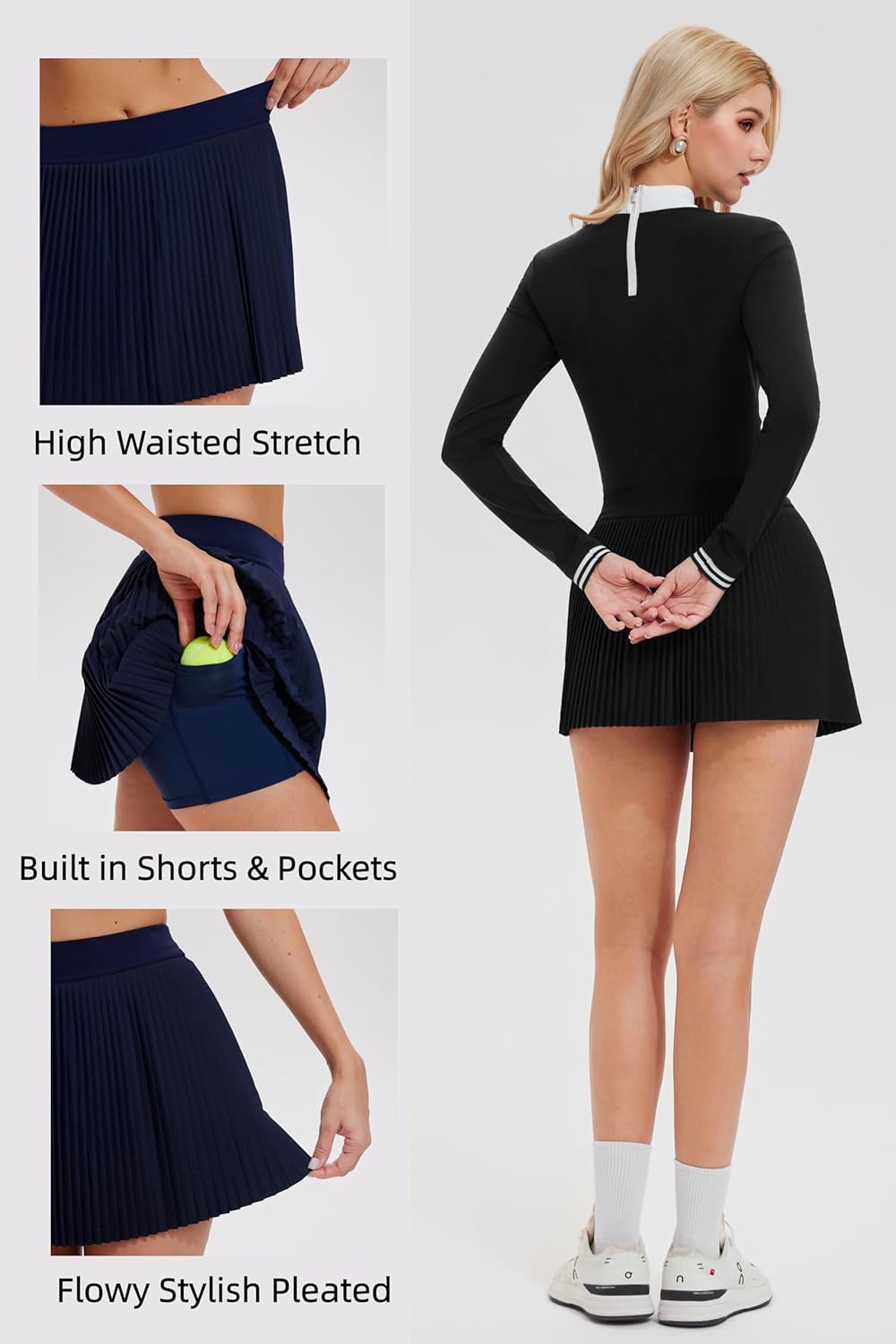 AFZ Two Pieces Tennis Skirt Set for Women Long Sleeve Zip Back Top & High Waisted Pleated Skirt Outfits for Golf,Pickleball - Image 3