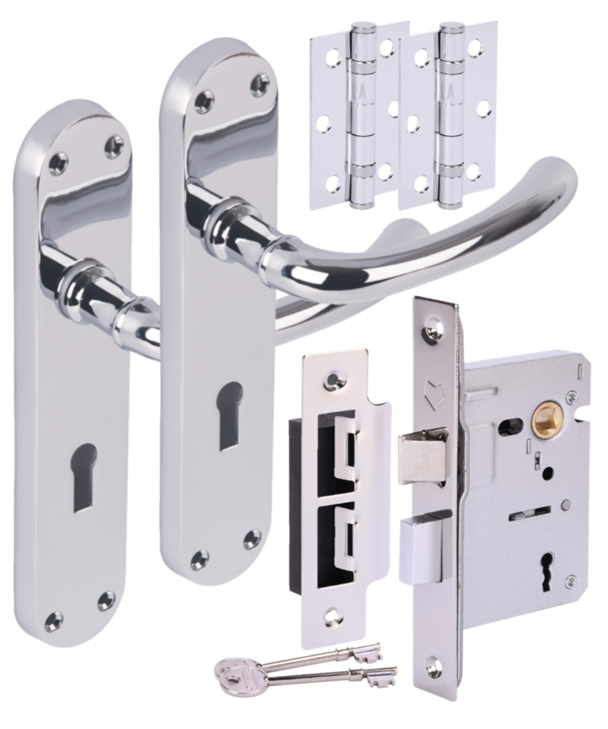 Hunta Polished Chrome Handlezone® Avis Door Handles On Backplate 3 Lever Lock Pack With Ball Bearing Hinges