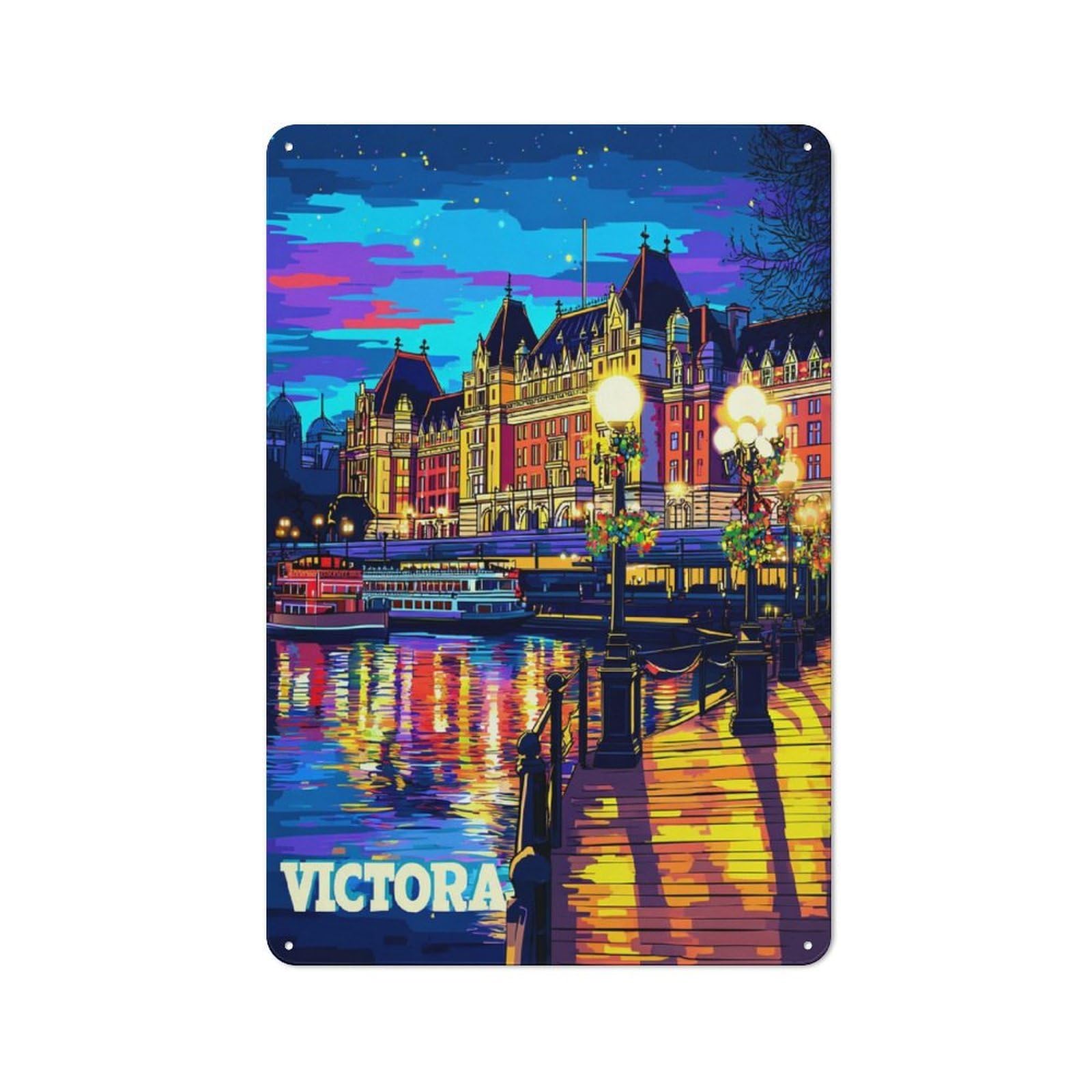 Junmoney Victoria Cityscape At Night Retro Metal Sign With Design 30X20cm, Distressed Look Retro Room Decor For Living Room, Hallway, Kitchen Or Cafe
