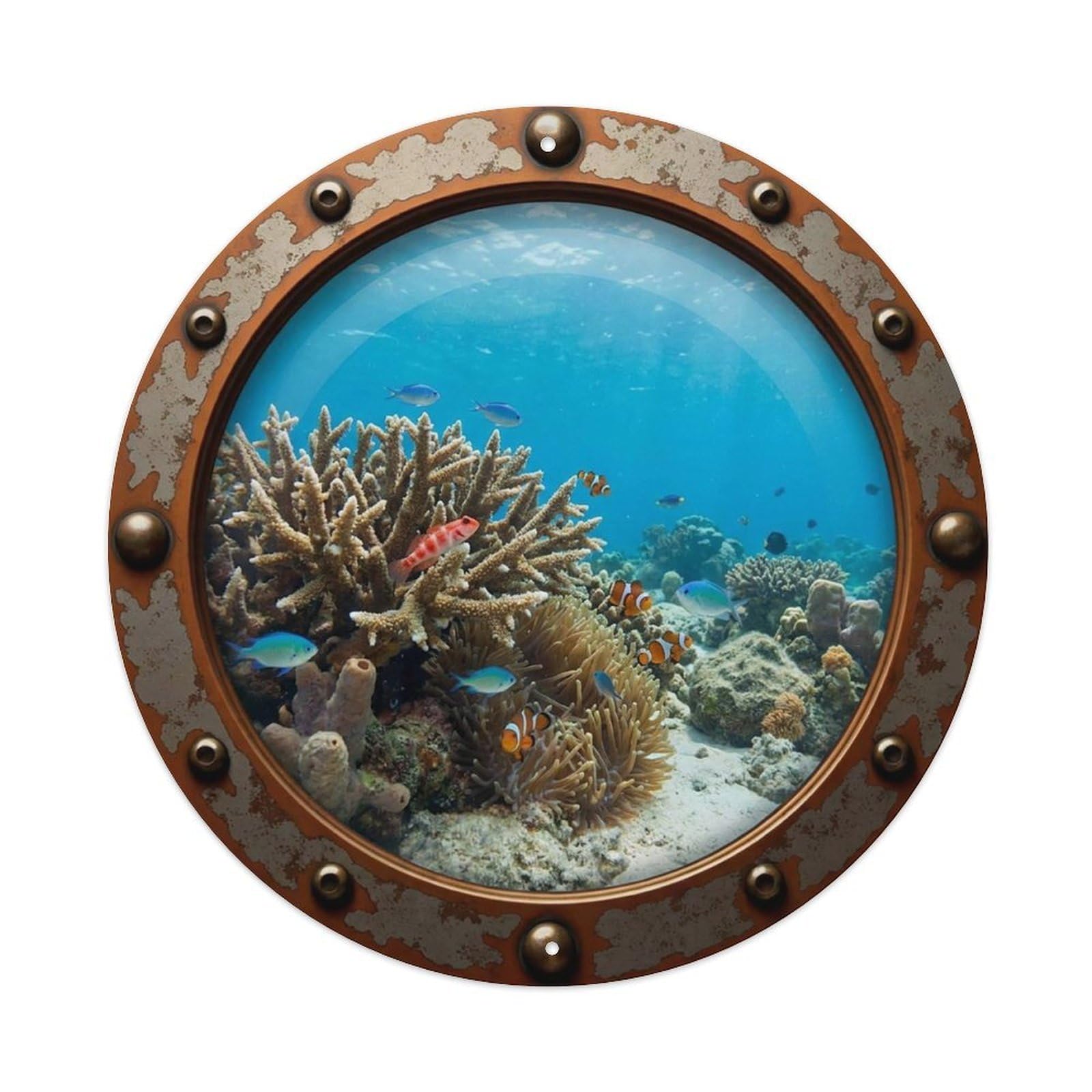 Gead 8X8inch Style Vintage Porthole Coral Goby Nautical Window View Metal Tin Sign