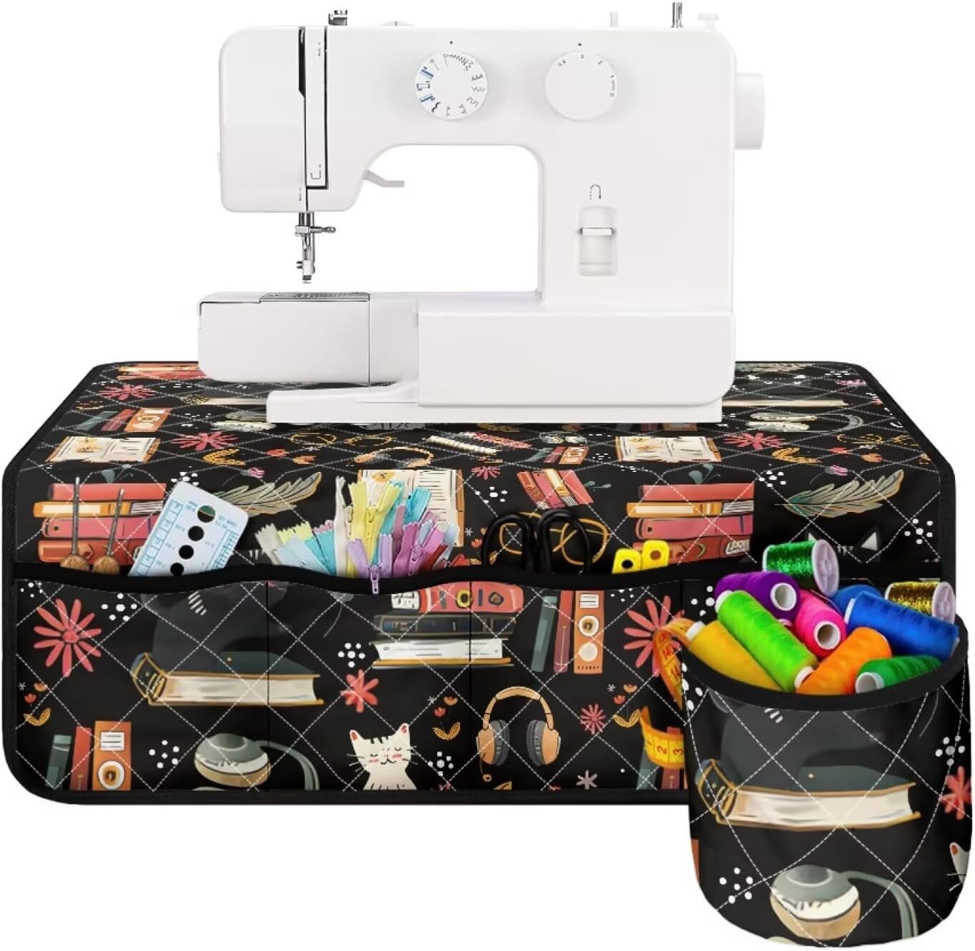 Coffee Theme Sewing Machine Mat Waterproof Sewing Machine Carrying Pad with Storage Pockets Universal Fits Quilting Accessories for Decoration