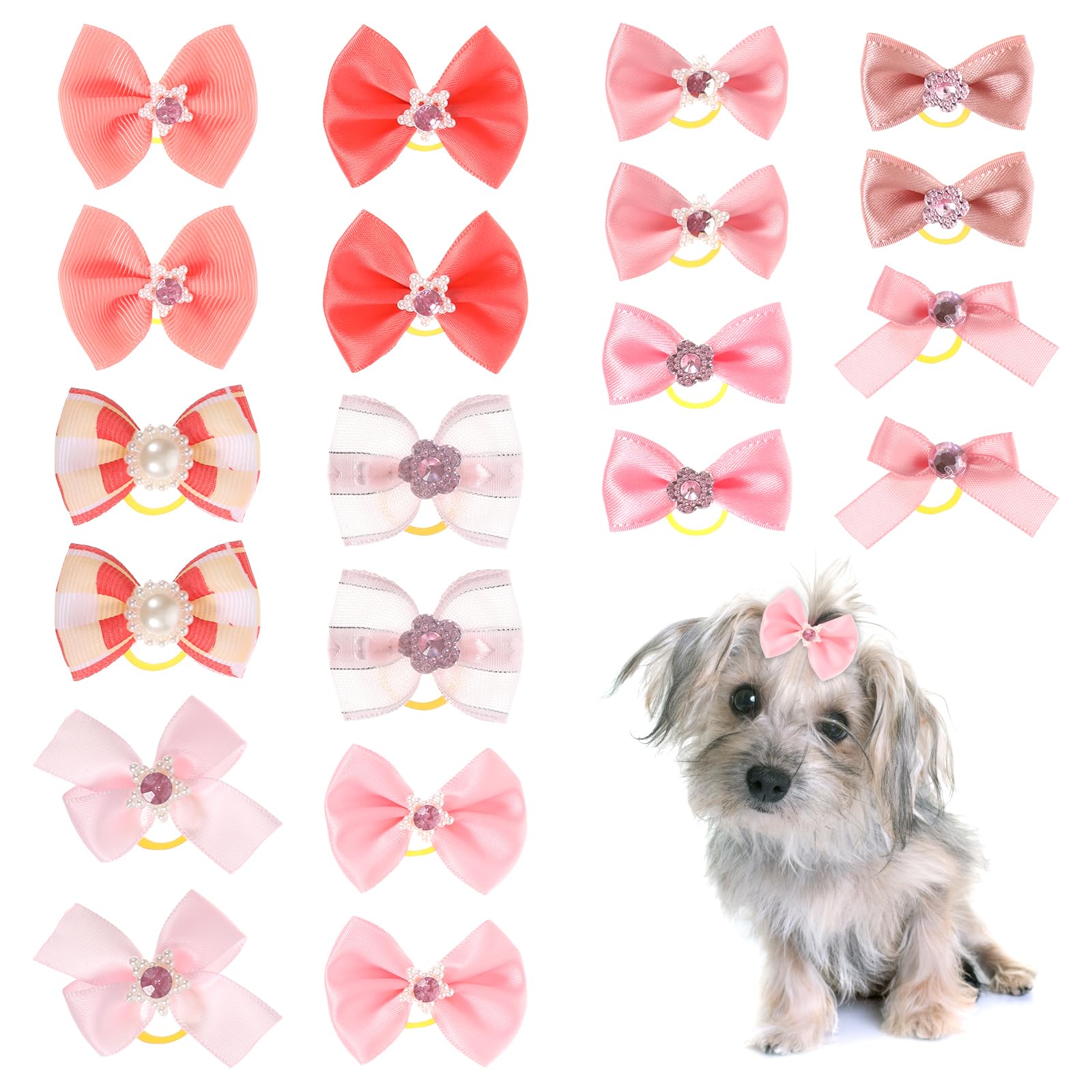 Tyqour 20 Pcs Cute Dog Hair Bows for Small Dogs Girl, Pink Dog Bows with Rubber Bands, Girl Puppy Hair Clips Yorkie Accessory for Holiday Daily Pet Supply Large Dogs Puppies