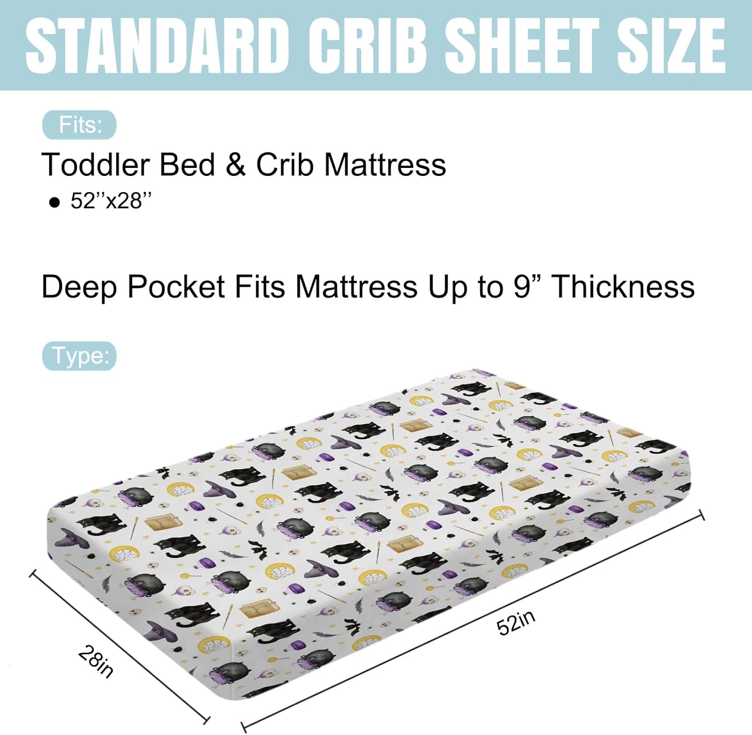 Cute Spooky Witch Cats Bats Skulls Moon Baby Crib Sheet 52''x28'' Happy Halloween Holiday Stretchy Fitted Crib Mattress Cover for Boy Girl Soft Baby Bed Sheets for Standard Crib and Toddler Mattress
