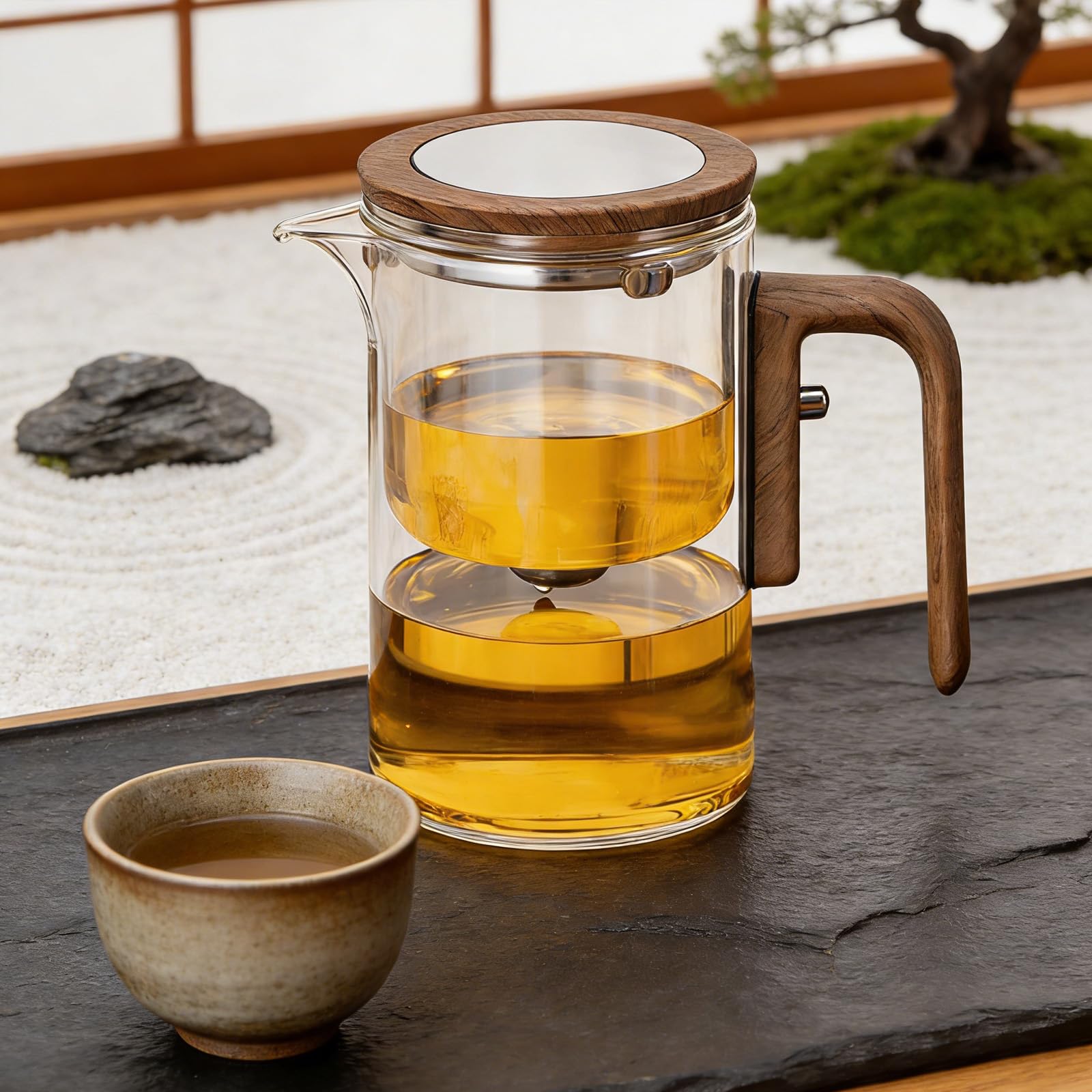Teteras de Cristal,Tetera de cristal para separación de agua con filtro y mango de madera,Tetera mágica para té a Infusiones,tea infuser regalos para los amantes del té (600, Mililitros)