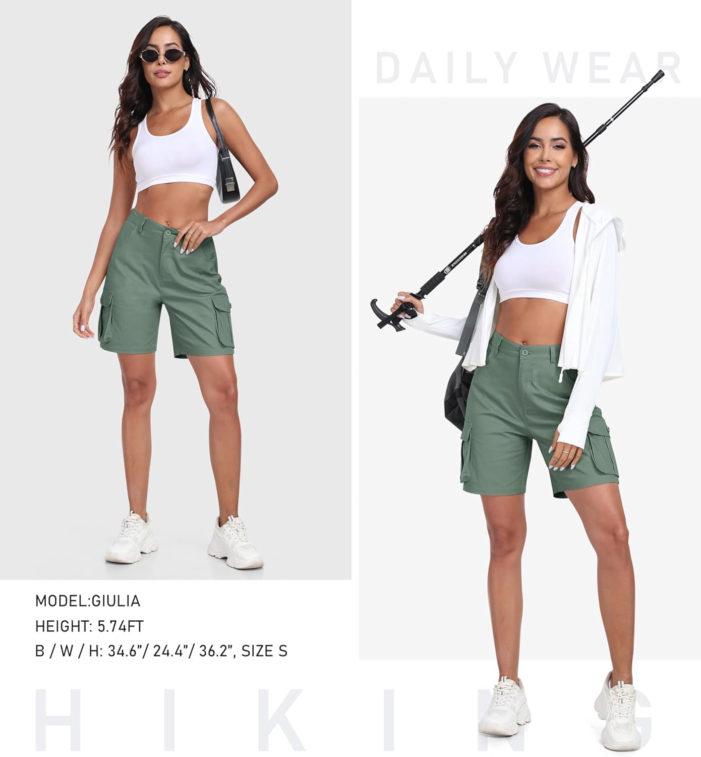 MoFiz Women's Cargo Shorts Bermuda Shorts Button Pockets Elastic Waist Knee Length Long Hiking Casual Shorts for Summer - Image 6