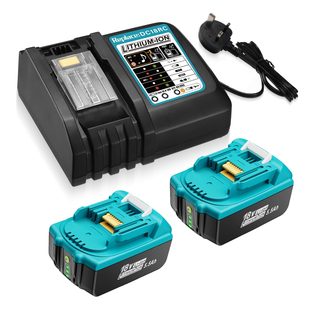 2 Packs 5.5Ah 18V BL1860B Replacement for Makita 18V Battery + DC18RC 14.4V-18V Charger Compatible with Makita Battery BL1860B BL1850 BL1860 BL1820 BL1840 DC18RD DC18RC DC18SF DC18RCT