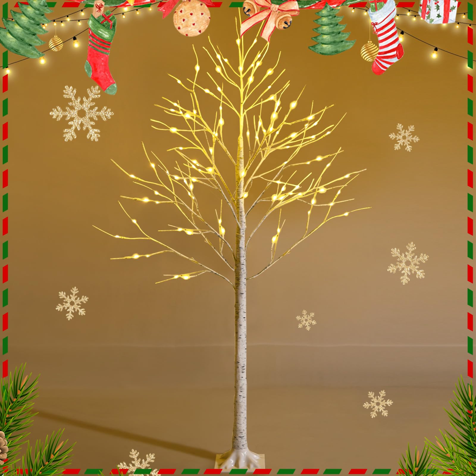 GOPLUS Sapin de Noel Lumineux 180 CM, Sapin de Noel Blanc à 96 Lumières LED avec Branches Mortes, Bouleau Noël Lumineux Arbre de Noël Artificiel