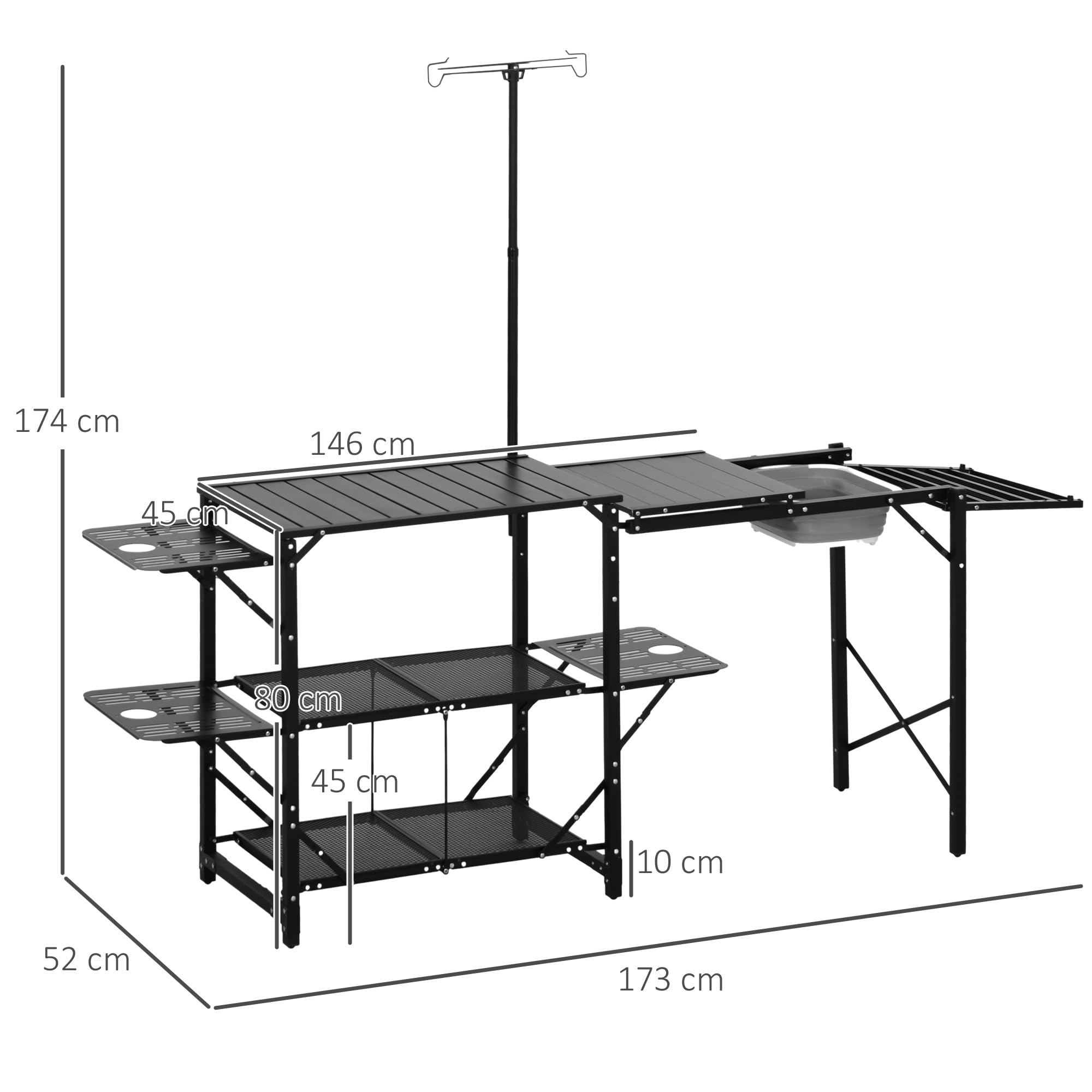 Outsunny Mesa de Cocina de Camping de 3 Niveles, Mesa de Camping Plegable Portátil con Fregadero, Estantes de Almacenaje, Soporte para Lámpara, Bolsa de Transporte para Exterior 173x52x80-174 cm Negro