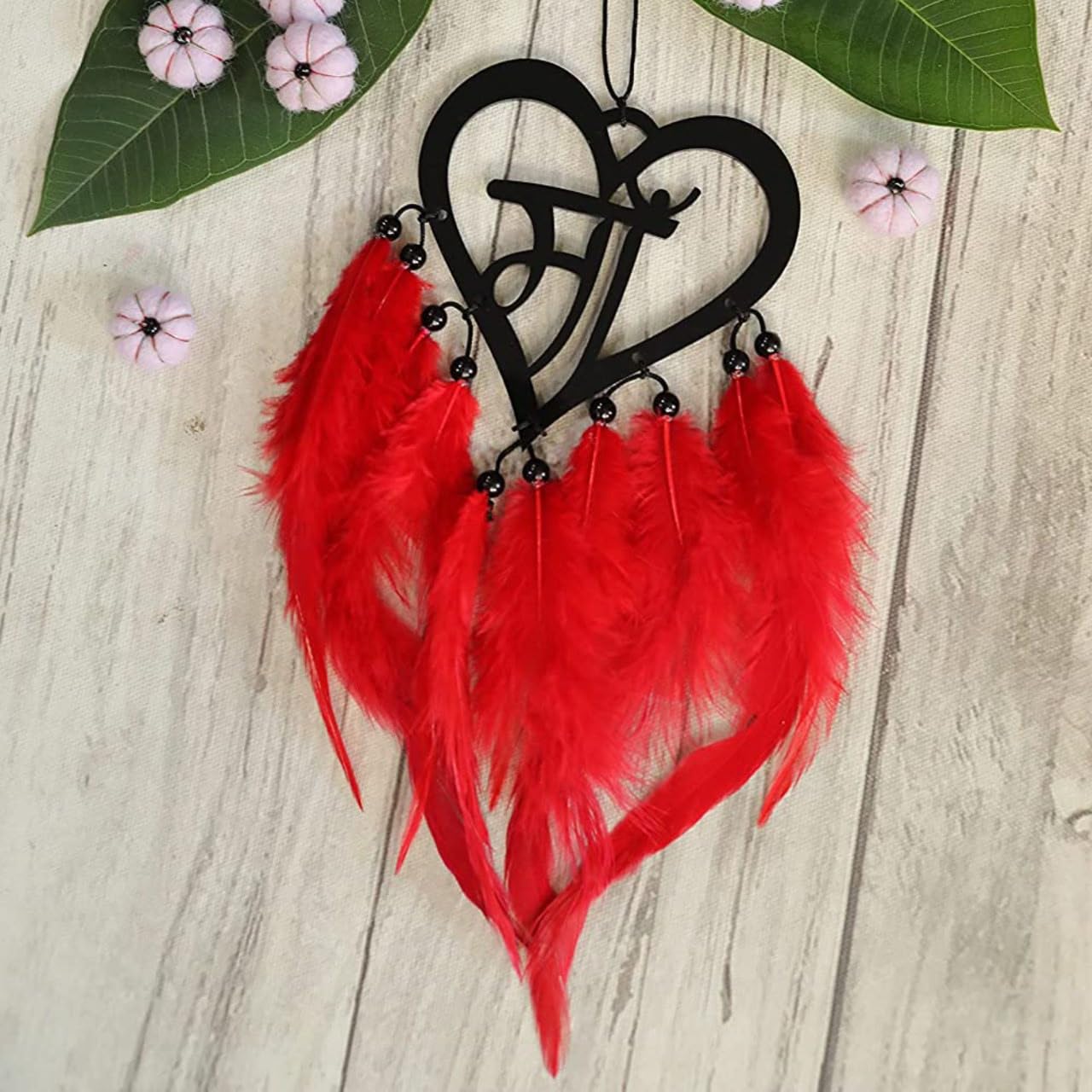 Maa Heart Shape Car Hanging with Red Feathers | Rear View Mirror Decor, Black Beads Accent, Dream Catcher Style, Rope Hanging, Wall Decor-image-3