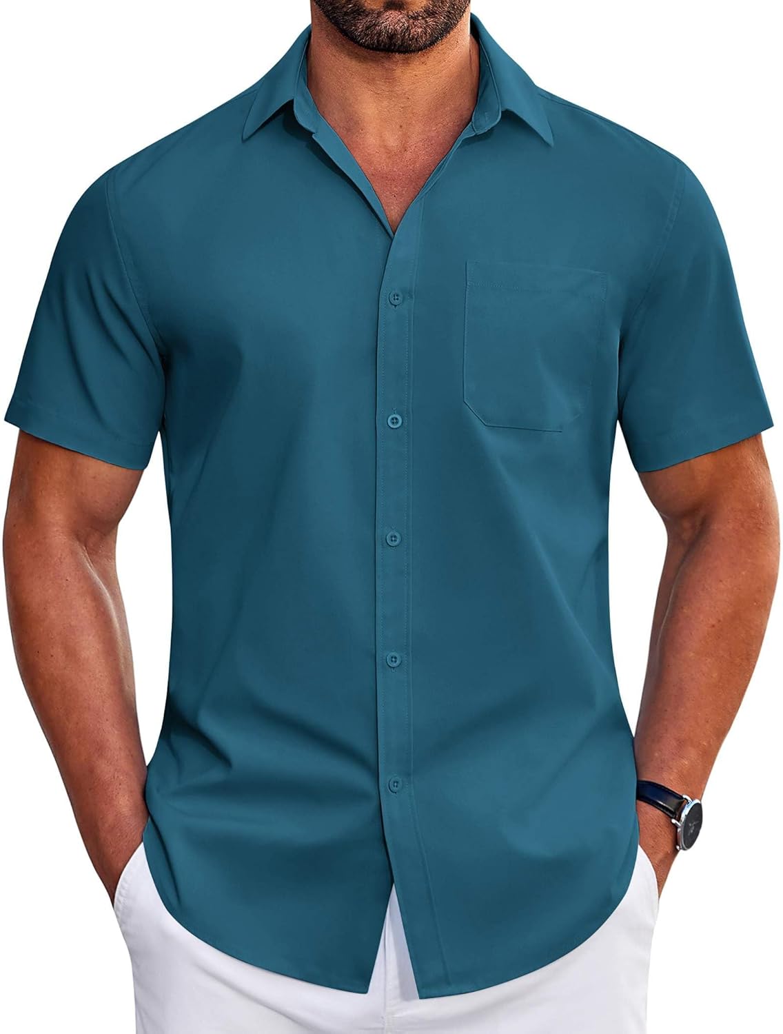 COOFANDY Mens Short Sleeve Dress Shirts Wrinkle Free Business Casual Button Down Shirt with Pocket Blue COOFANDY Mens Short Sleeve Dress Shirts Wrinkle Free Business Casual Button Down Shirt with Pocket Blue