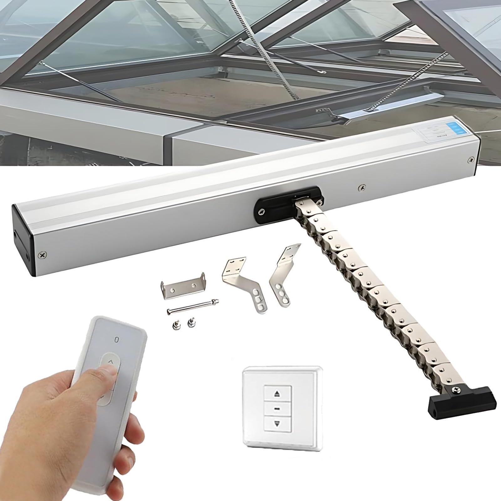 Attuatore Aprifinestra Elettrico con Telecomando, Corsa 300-800mm, Trasmissione a Catena Motorizzata, Apri Lucernario e Tetto Serra Automatico e Silenzioso 600mm
