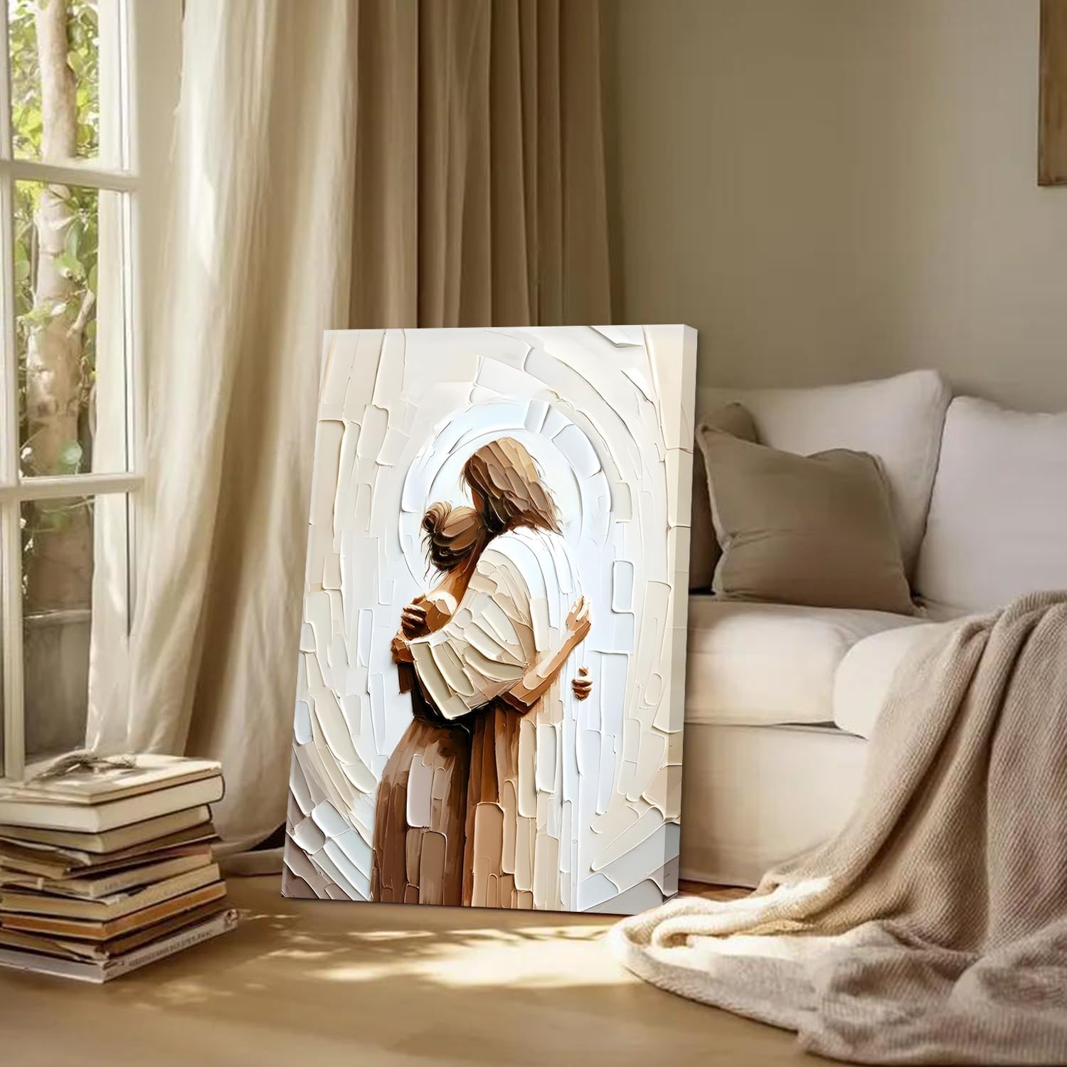 Jesus Hugging Woman Canvas Wall Art God & Girl Wall Decor Safe in His Arms Pictures Modern Christian Healing Embrace Mormon Prints Posters Artwork for Living & Prayer Room Bedroom Decor 16x24in canvas