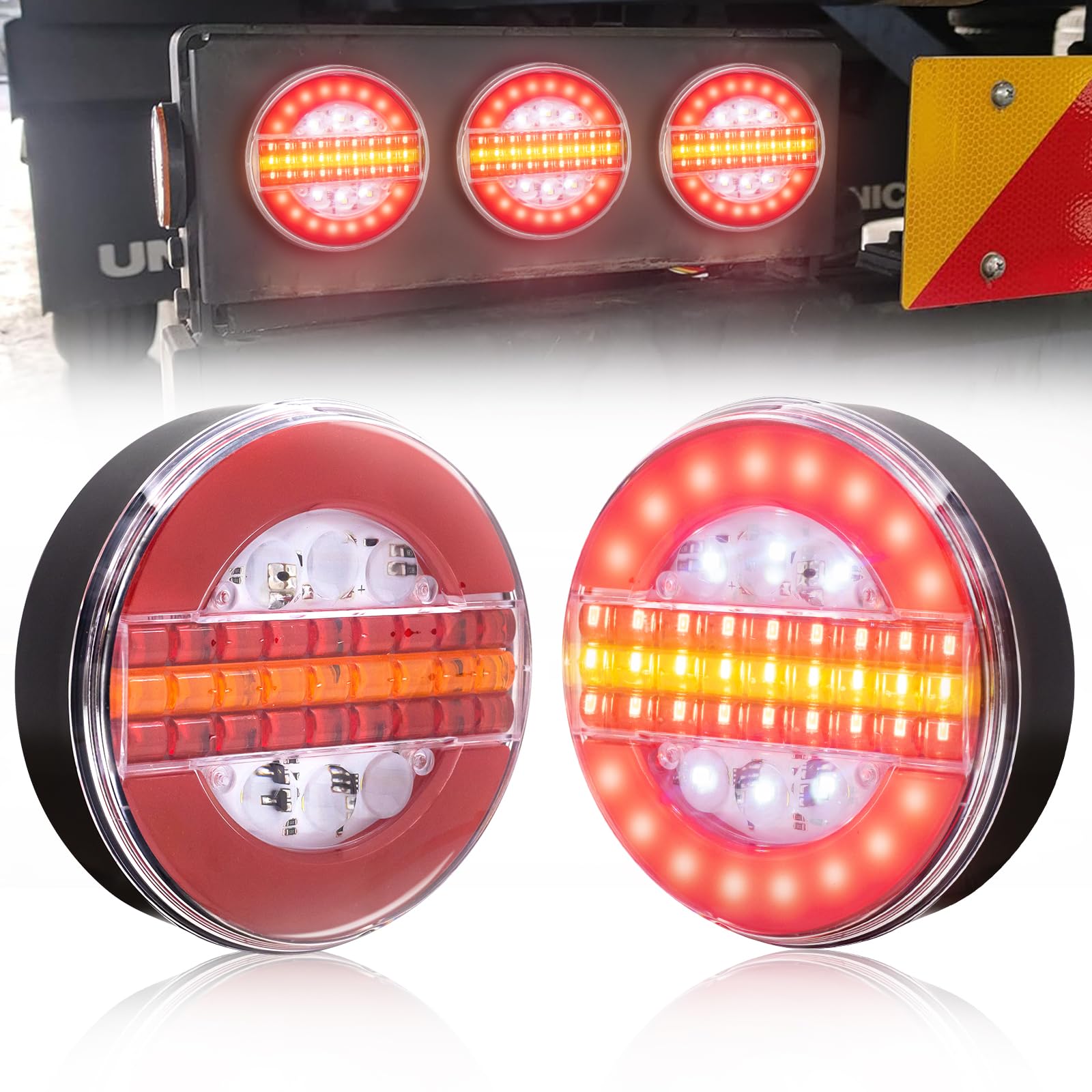 2PCS Pilotos Traseros de Remolque Redondos Led Impermeable,12V 24V Luces Traseros Led para Remolque Luz de Freno de Camión/Indicador de Señal de giro dinámico (Modelo A)