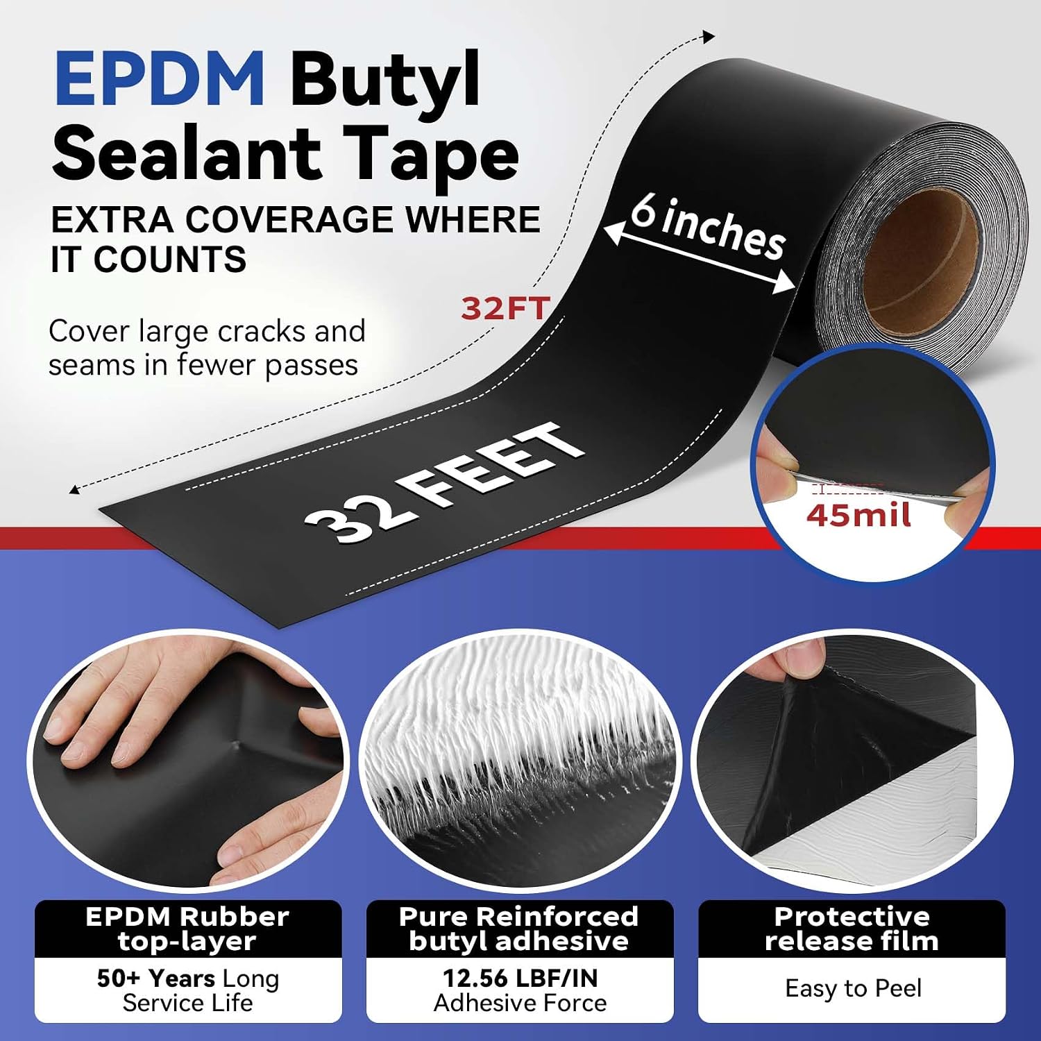 Werhoo 45 Mil EPDM Butyl Sealing Tape, 6 Inch x 32 Foot Black Self-Adhesive Weatherproof Roof Repair Membrane for Boat, Roof, Window, RV, Vent, Crawl Space