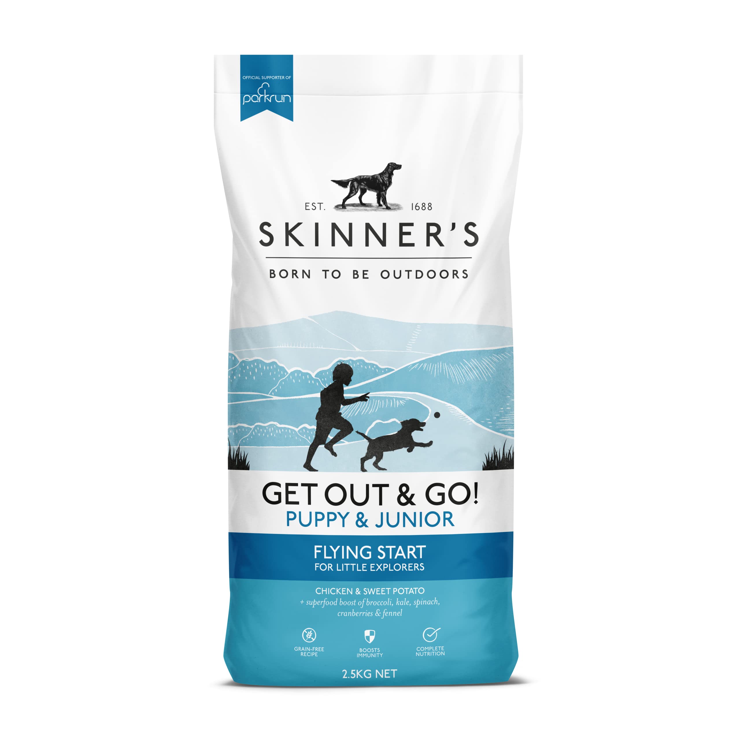 Skinners Get Out & Go! Puppy Food, 10kg (4 x 2.5kg) - Complete Dry Puppy & Junior Flying Start Dog Food, Gluten & Grain-Free, Chicken & Sweet Potato