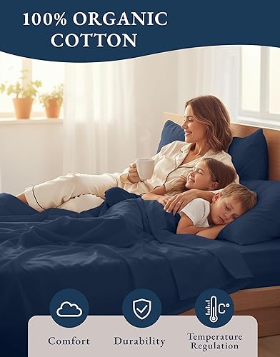 Miniatura 6 de LANE LINEN - Juego de sábanas de 4 piezas 100 % algodón orgánico percal puro Queen, ropa de cama suave transpirable para colchones de hasta 15