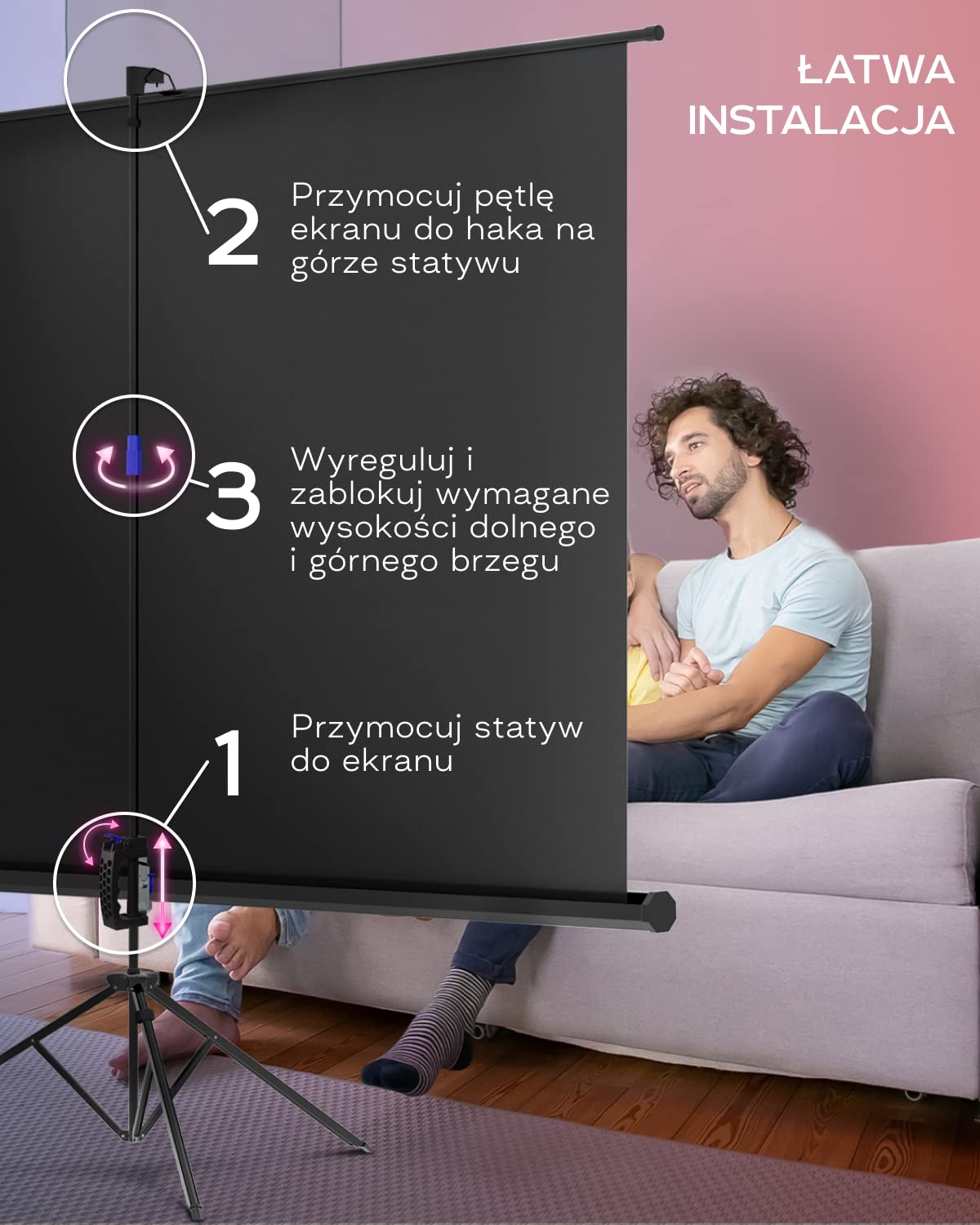 PropVue Ekran projekcyjny z uchwytem 100-120 cali – ekran projekcyjny do użytku wewnątrz i na zewnątrz do prezentacji filmów lub na pulpicie – możliwość regulacji w zakresie od 16:9 do 4:3 HD bez