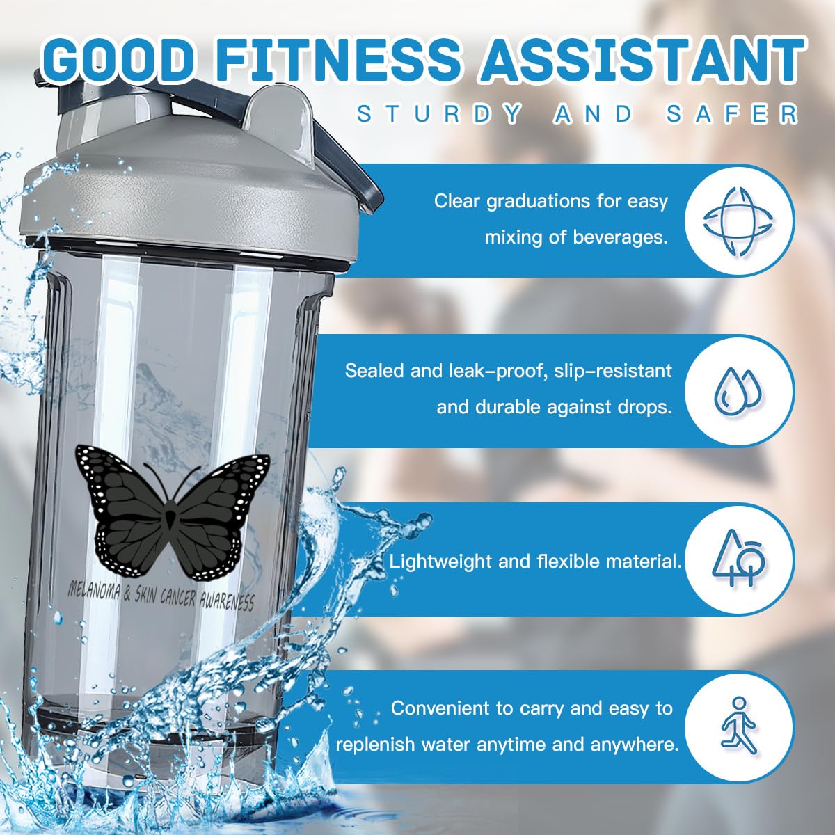 Melanoma & skin Cancer Awareness 18 Ounce Shaker Bottle Drink Mixer Leak-proof Pre Workout Protein Shakes Meal Replacement Shakes Bottles 500ML/18 Oz Gray&-1
