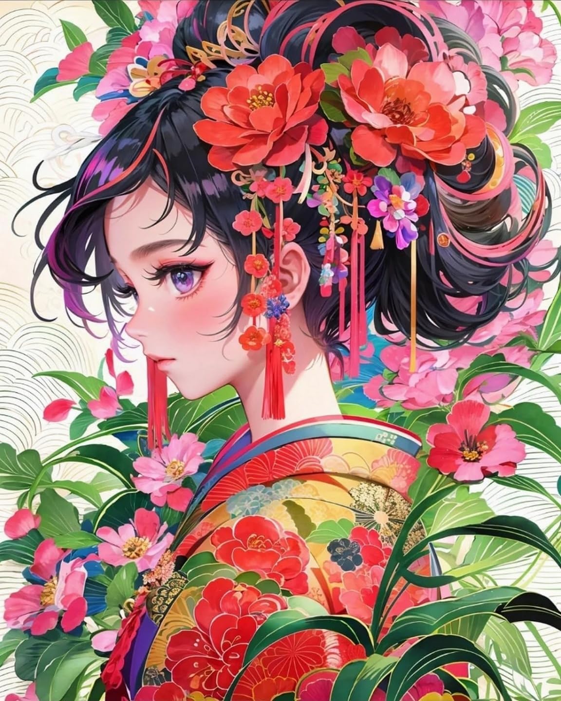 5D ダイヤモンド塗装キット DIY 手芸キットダイヤモンドビーズ絵画 キット 人気 手作り芸術品装飾モザイクアート 美しい着物の女性 (ラウンドダイヤモンド 40×50cm センチメートル)