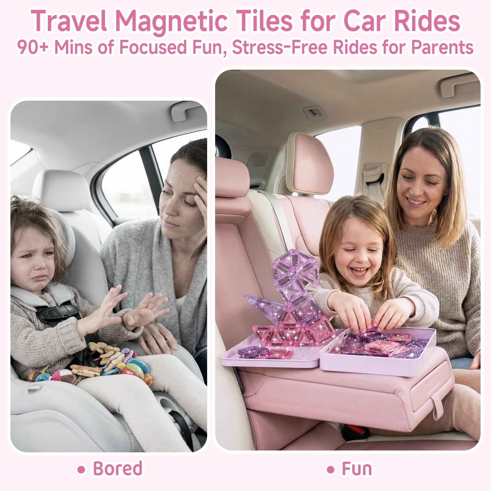 Magnetische Bausteine Reisespielzeug für Mädchen: 42 Teile Glitzer Diamant Magnetische Tiles in Metallbox für Auto, Flugzeug & Zug – 90 Minuten Beschäftigung, 45s Aufräumen – Geschenk ab 3-6 Jahren