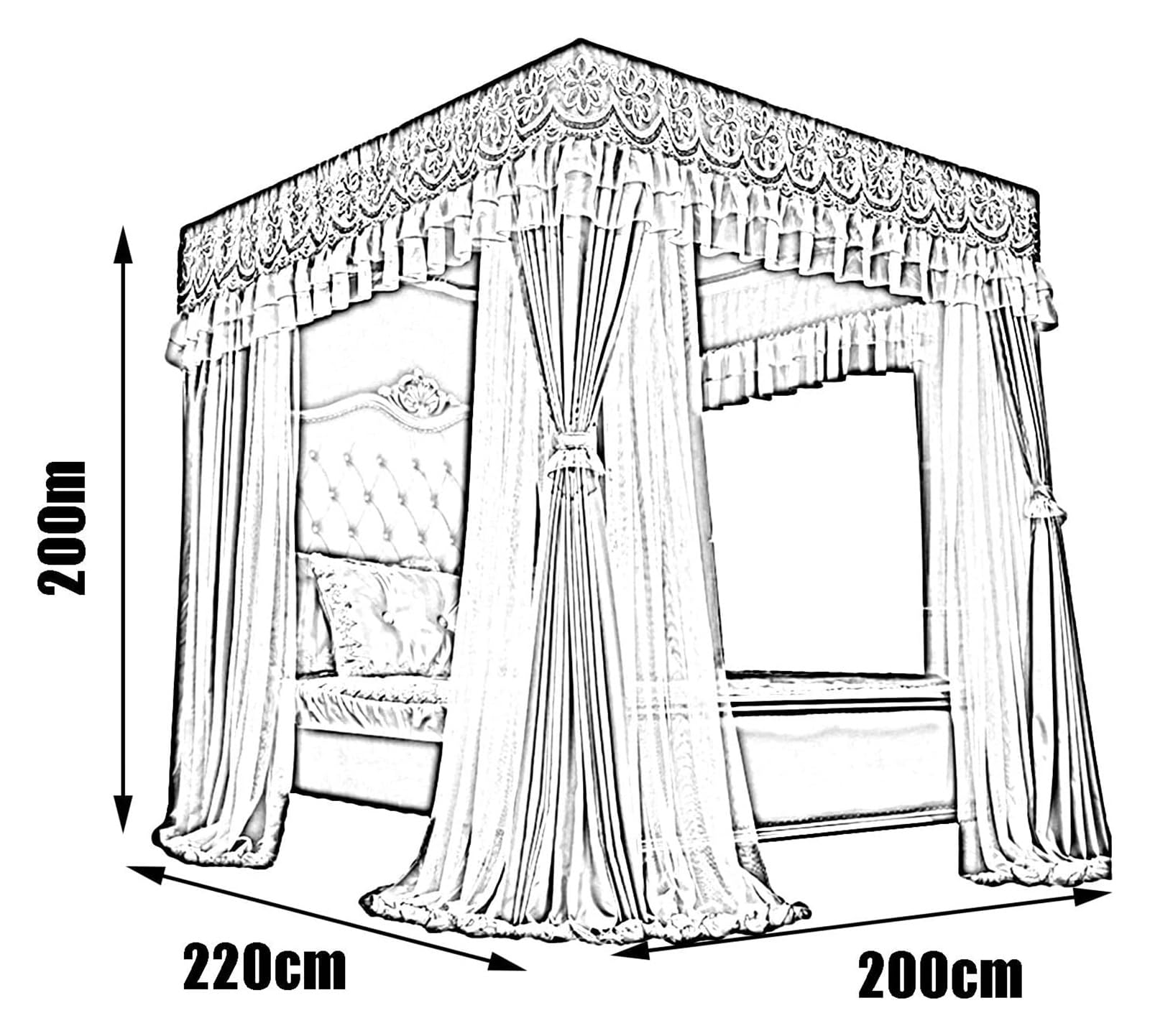 Moskitonetz Bett Betthimmel for Doppelbett, 360° umwickelt, Moskitonetz, Schlafzimmerdekoration, luxuriöser Betthimmel(200x220x200cm)