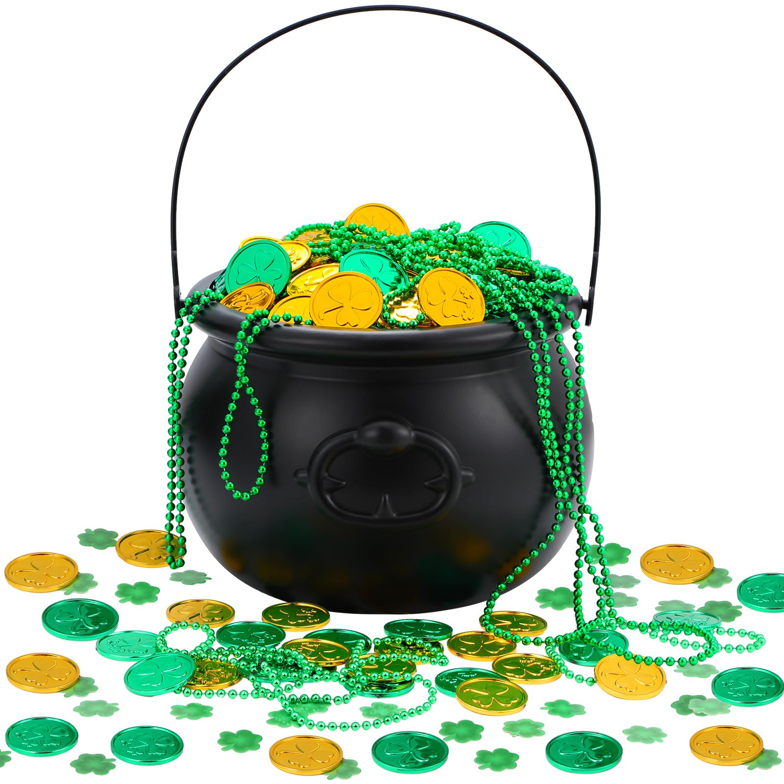 Sponsored Ad - Poen 321 Pcs St Patrick's Day Cauldrons Set Including Plastic Cauldrons Coins Shamrock Confetti and Bead Necklace for St Patrick's Pot of Gold Party Decorations(Black)