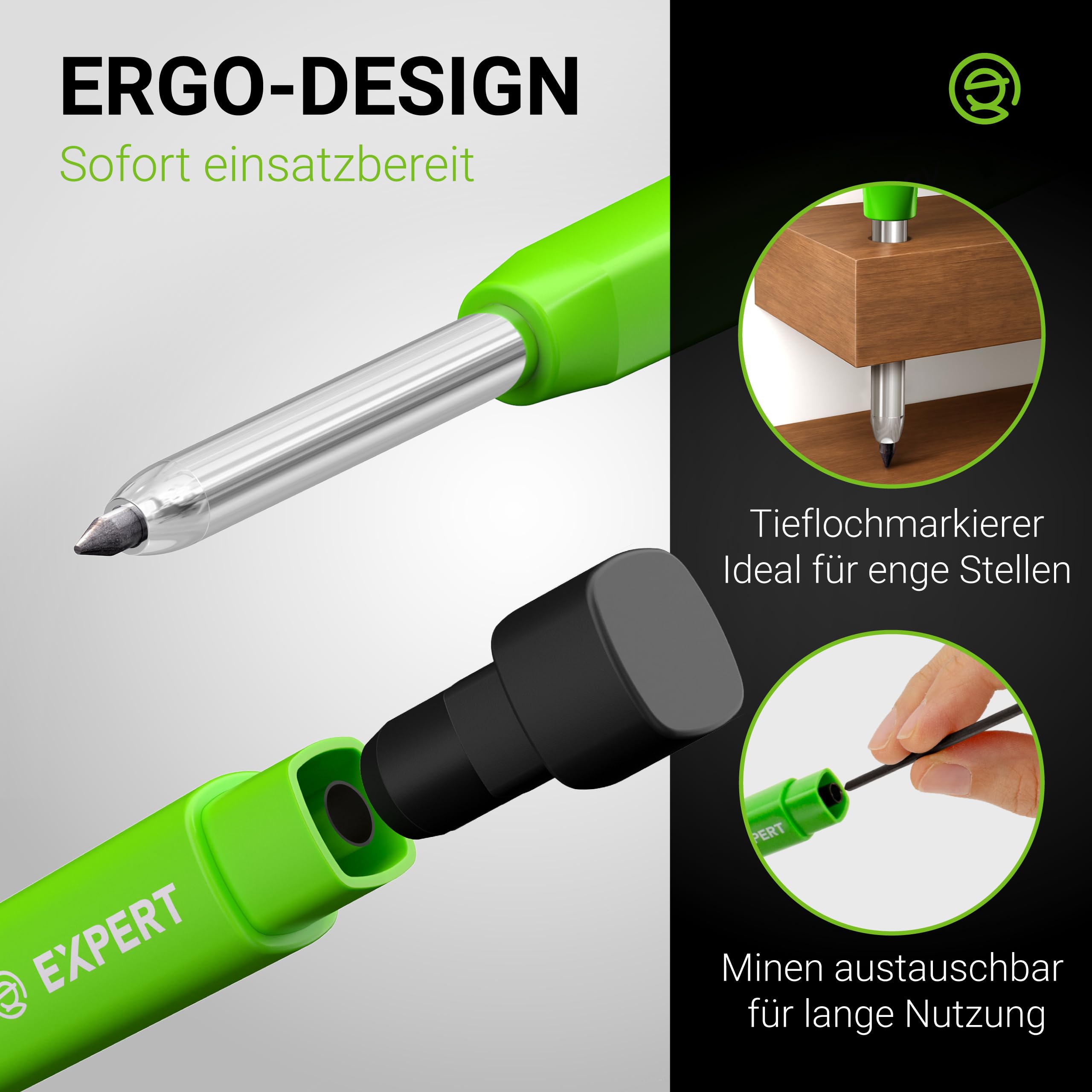 EXPERT DRY Zimmermannsbleistift inkl. 11 Minen | Mit integriertem Spitzer | Nachfüllbarer Tieflochmarker mit Graphit-Minen-Set | Handwerker Bleistift für Holz, Glas oder Metall | Bleistift Baustelle