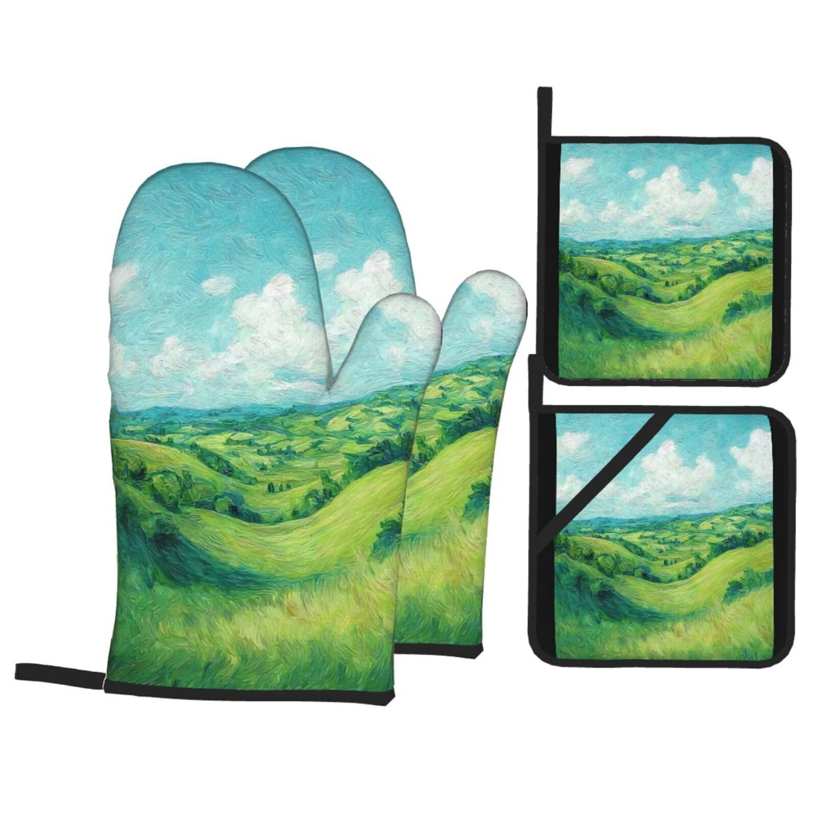 Guantes Horno Montaña Verde Manoplas Horno Almohadillas Aislantes Juego De 4 - Acolchado Resistente al Calor, Flexible,Cocina multipropósito