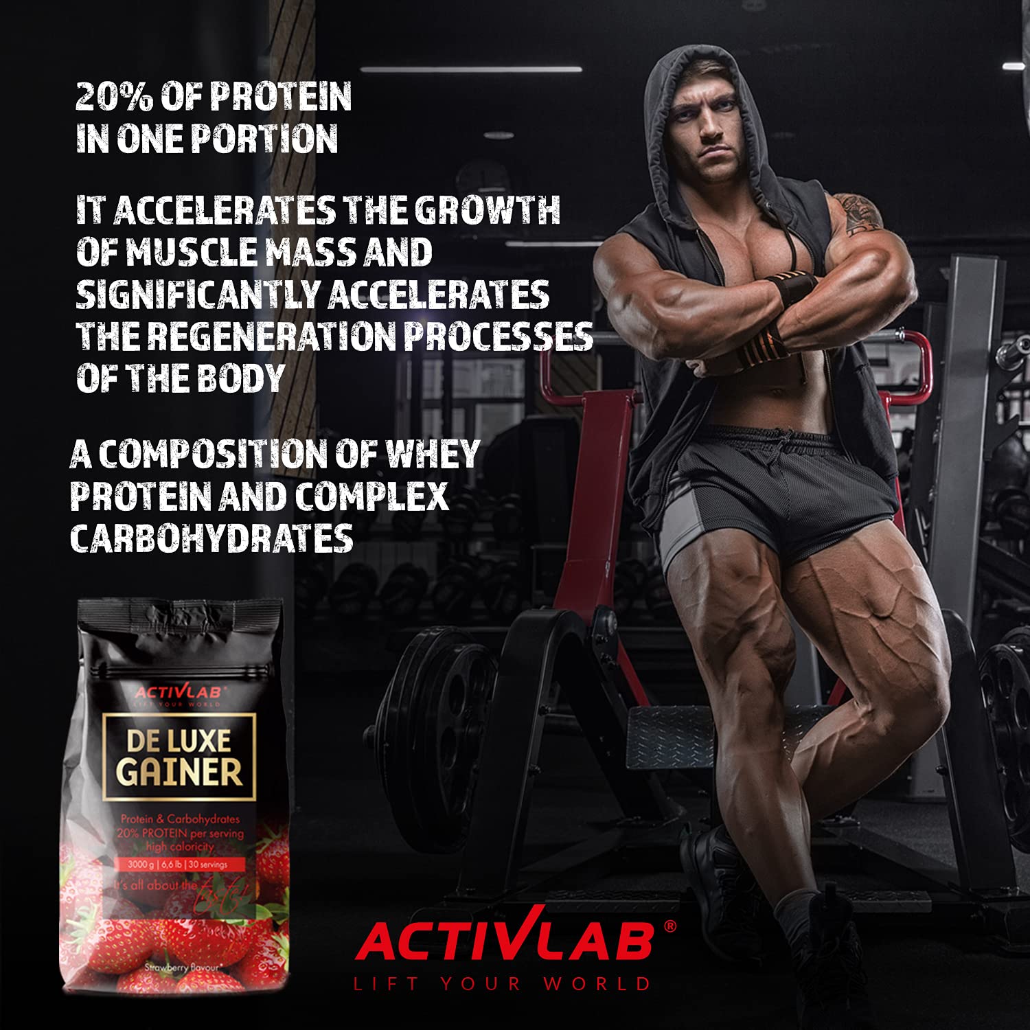 Activlab De Luxe Gainer 3000g – Mass Gainer – Odżywka Białkowo Węglowodanowa – Wsparcie Budowy Masy – Koncentrat Białka Serwatkowego WPC – Bez Cukru (Truskawka)
