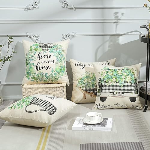 Miniatura 4 de OTOSTAR Paquete de 4 fundas de almohada decorativas impermeables de primavera para exteriores, 20 x 20 pulgadas, fundas de cojín a cuadros de búfalo