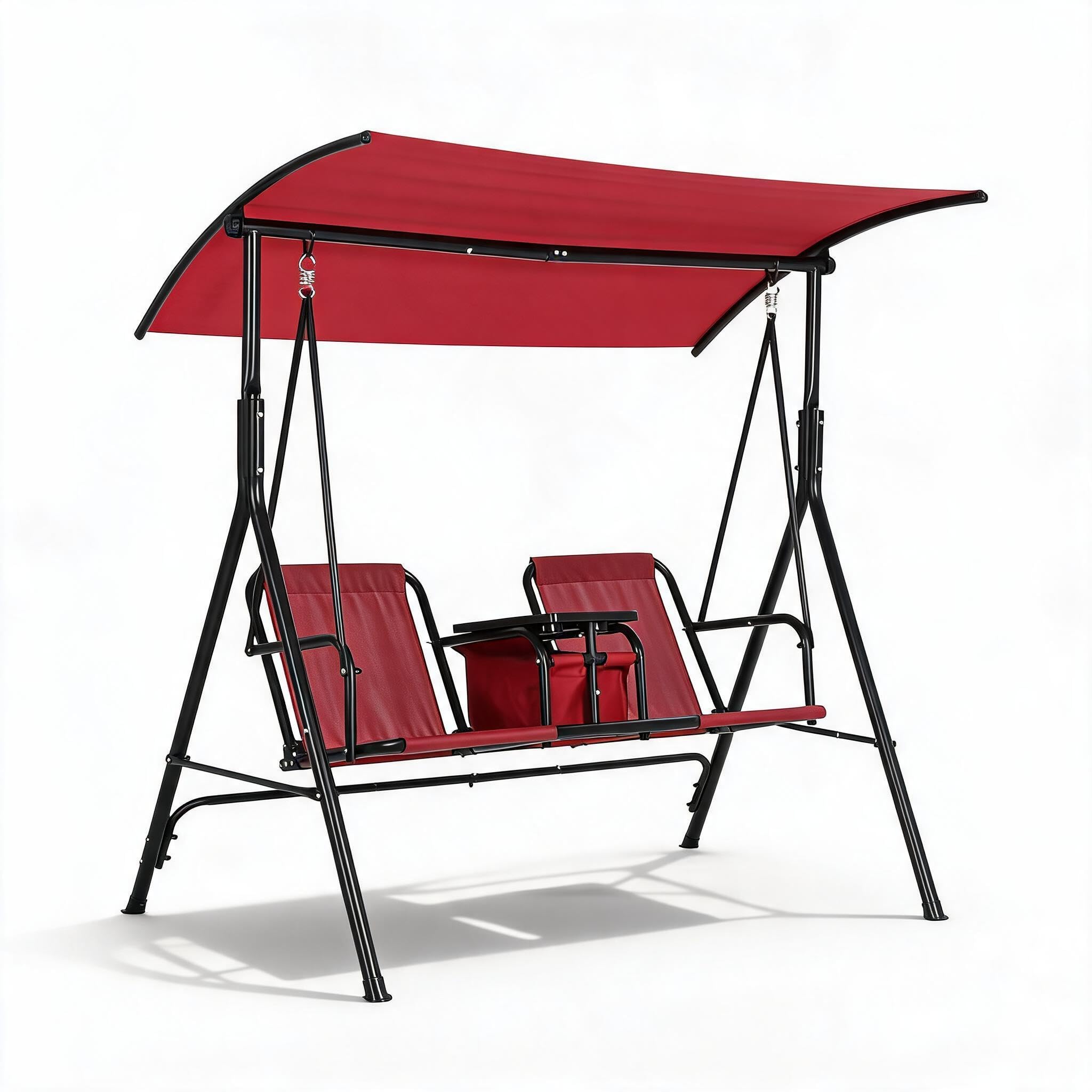 Balancelle de Jardin 2 Places avec auvent réglable – Tablette pivotante avec Rangement + Porte-gobelets – Sac Isotherme – Cadre en Acier Robuste (Bordeaux)
