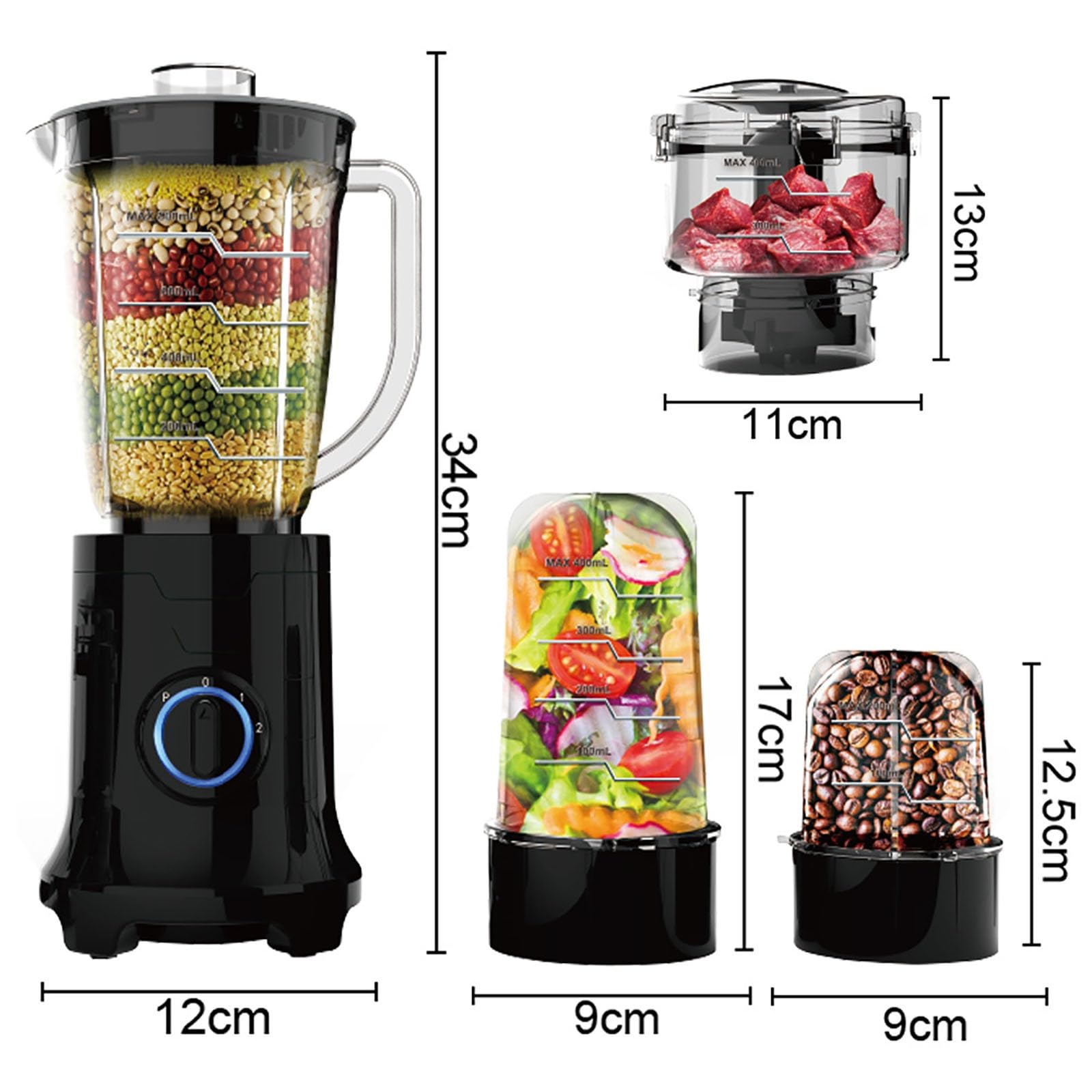 Frullatore E Robot Da Cucina Compatto 4-In-1, Spremiagrumi Portatile Da 400w for Smoothie, Tritacarne E Macinacaffè, Caraffa 0,8 L for Frullati, Tritatura E Macinatura Di Frutta Secca