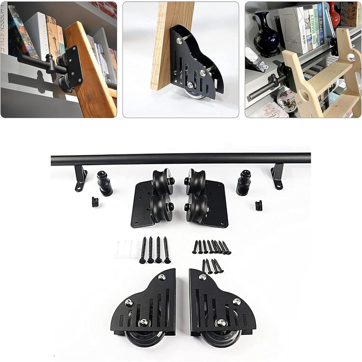 Black Steel Library Sliding Ladder Hardware Kit 3.3ft 20ft with Rolling Ra Mobile Tracks Brake Floor Wheel No Ladder