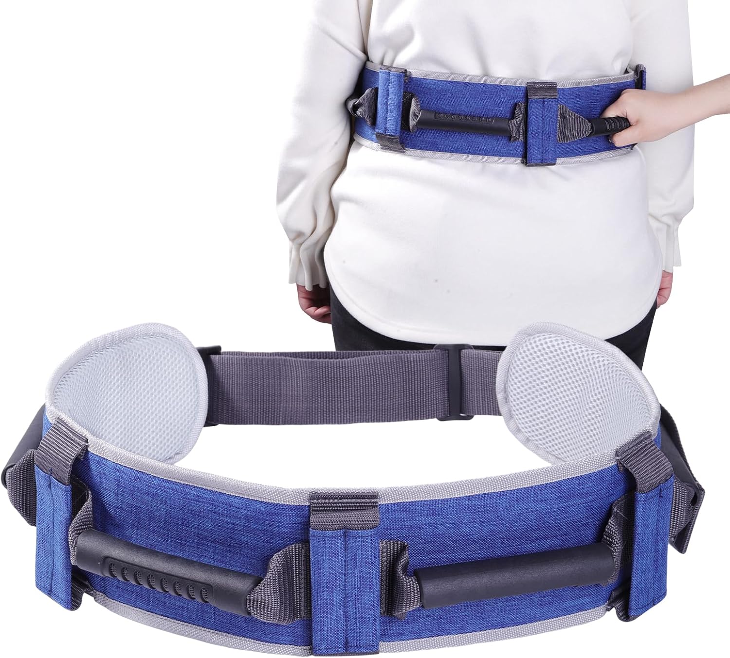 Gait Belt, Adjustable Gait Transfer Belt with 7 Handles, Standing Aids & Walking Assist Devices with Quick-Release Buckle for Seniors and Disabled (Blue-L)