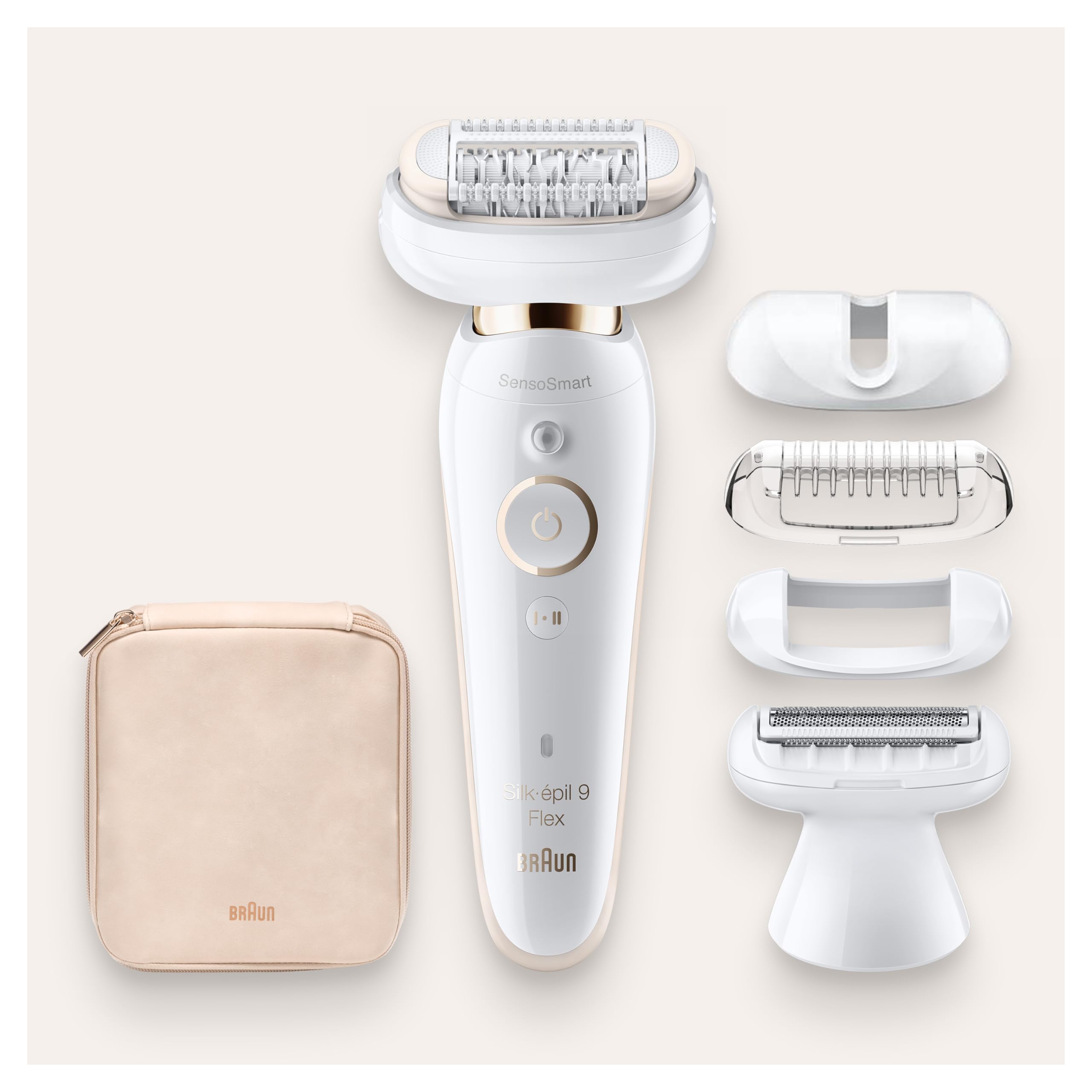 Braun Silk-épil 9 Flex Epilierer Damen / Haarentferner, 5 Aufsätze, Tasche, mit flexiblem Kopf für einfachere Haarentfernung, 9-006, weiß/gold