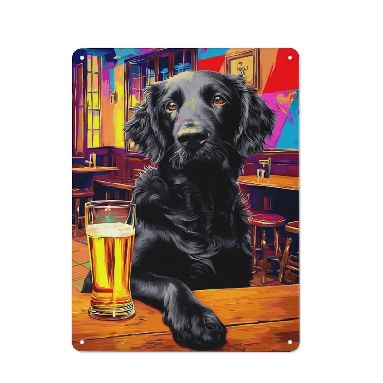 Dog in Pub with Beer -4 Metal Sign 40x30cm, Vintage Bar Wall Plaque for Diner, Restaurant, Shed Or Kitchen
