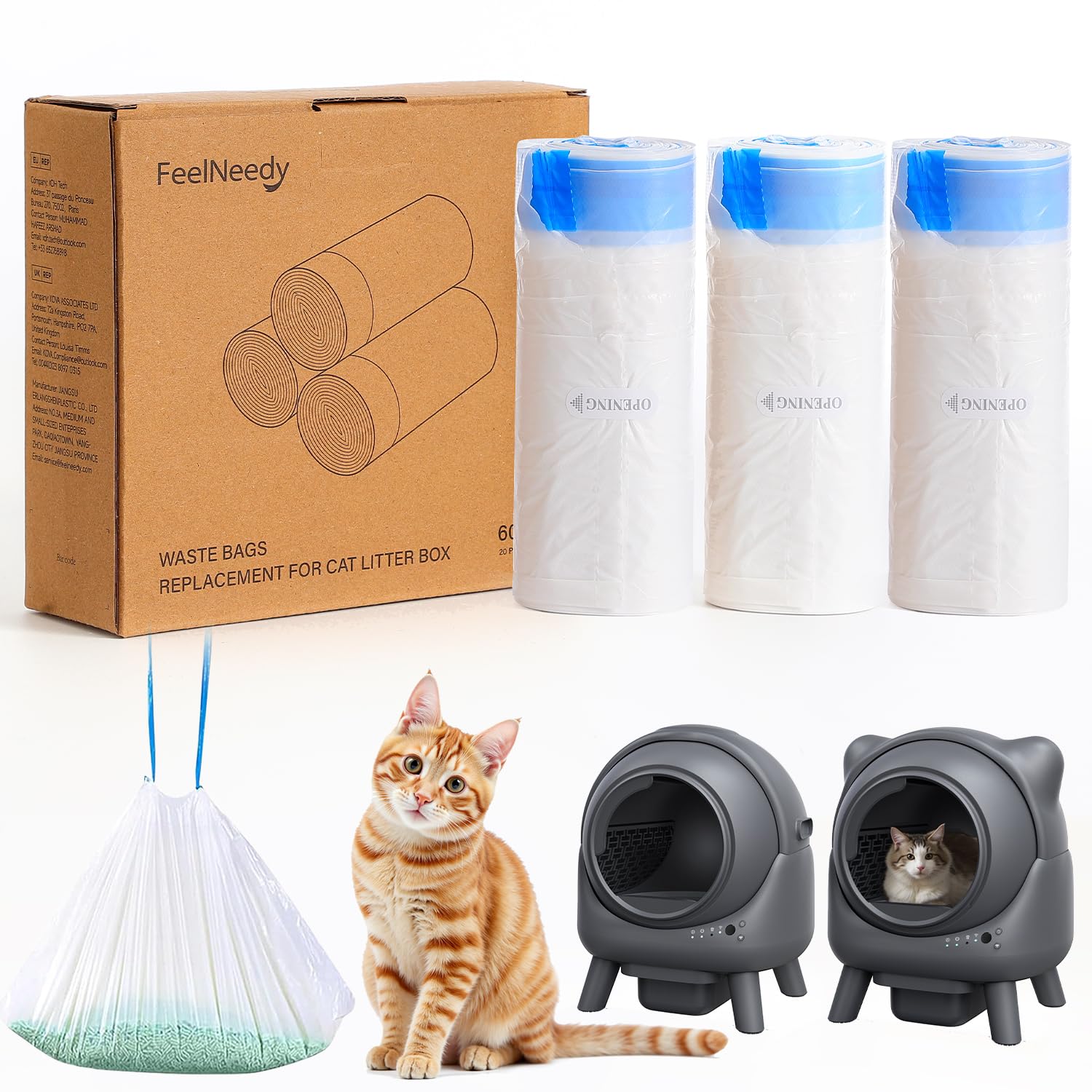 Sacchetti per Escrementi per Gatti 3 Rotoli*20, Sacchi per Lettiera Autopulente per Gatti FEELNEEDY, Ultra Resistenti, Spessi con Chiusura a Cordino