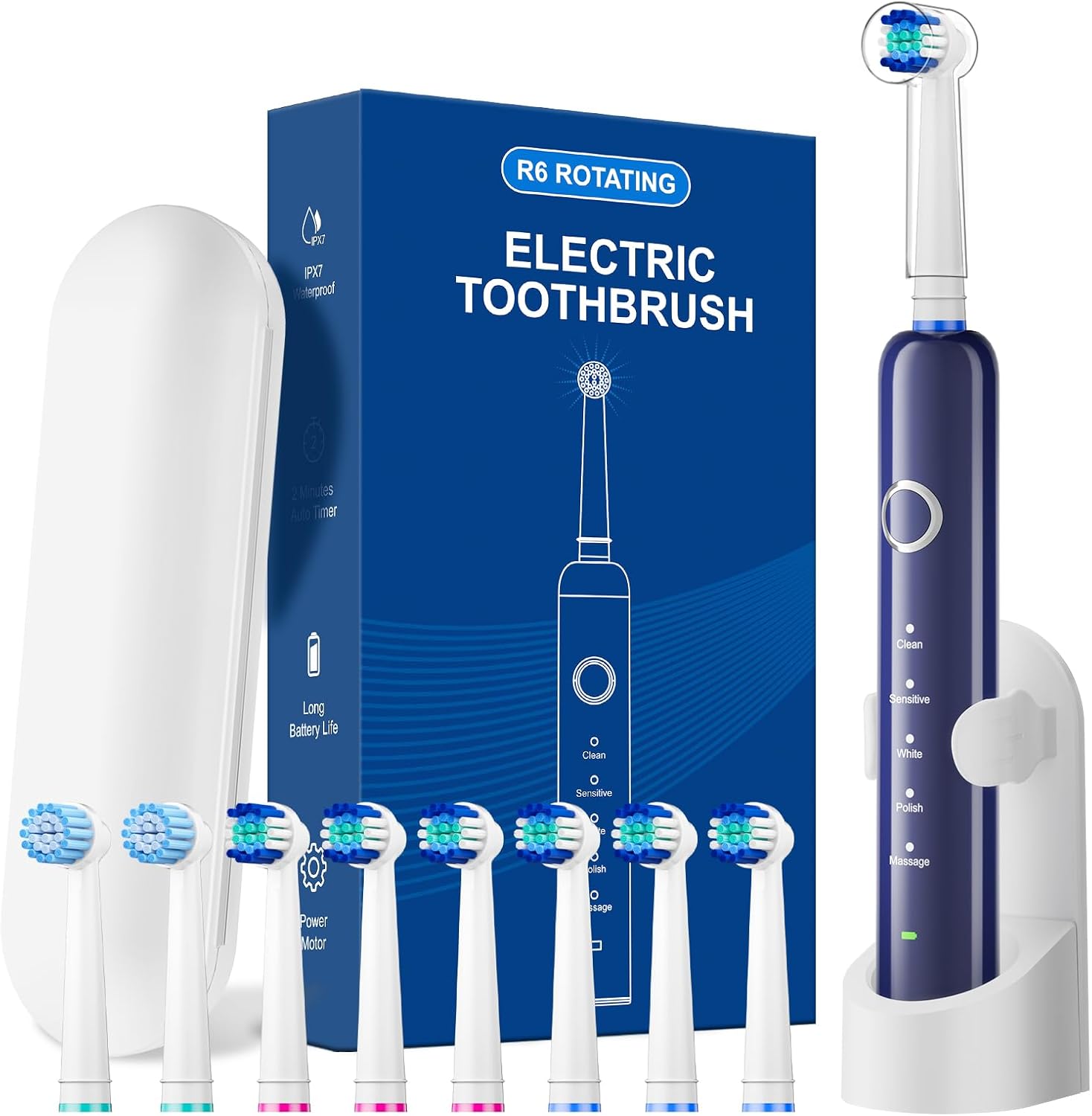 Rotating Electric Toothbrush for Adults, Rechargeable Power Toothbrush with 5 Cleaning Modes, 2-Minute Smart Timer, 8 Brush Heads (2 Types), Travel Case, Blue