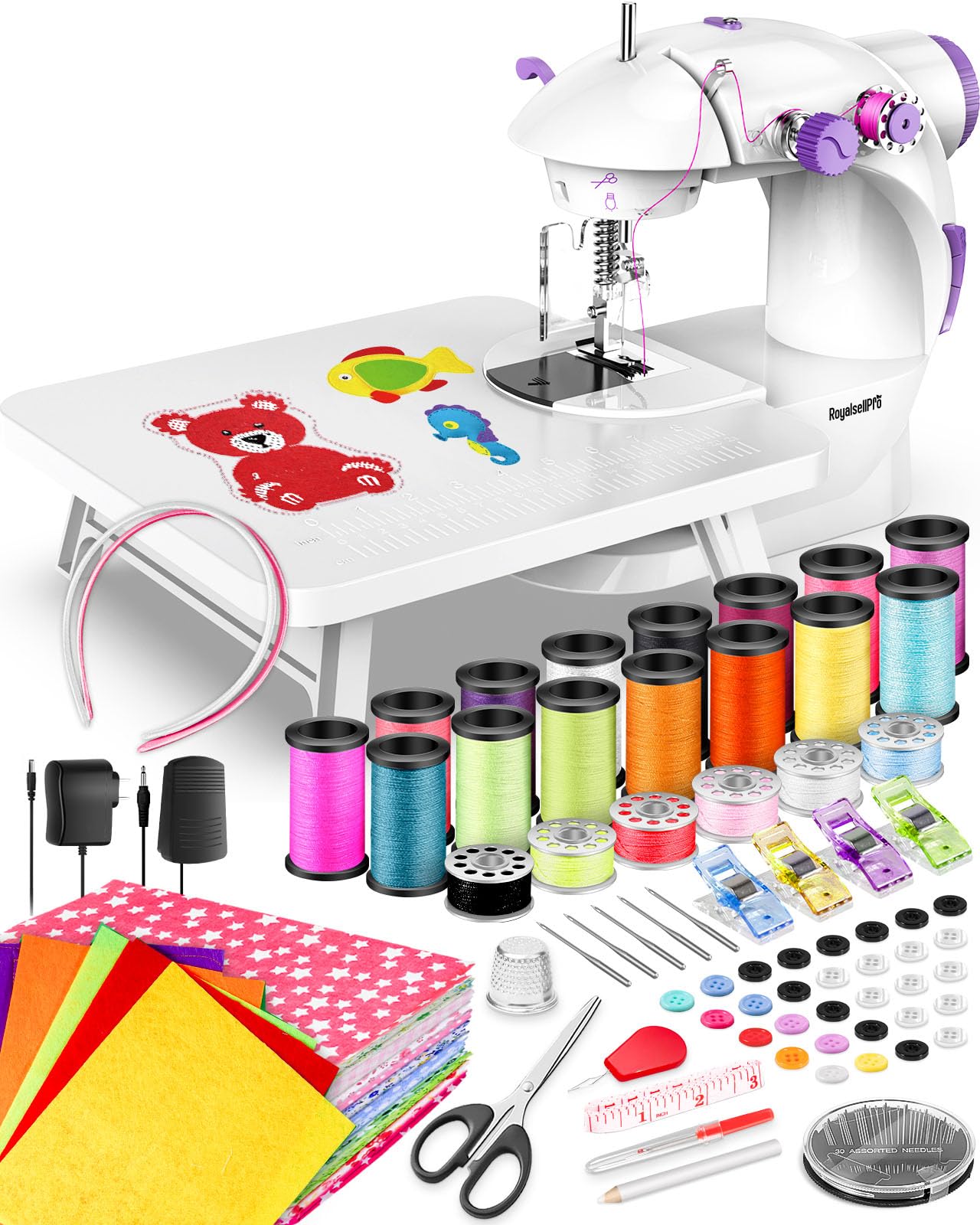 Mini máquina de coser con kit de costura de 118 piezas para principiantes, máquina de coser portátil de doble velocidad con luz y protector de dedos (morado)