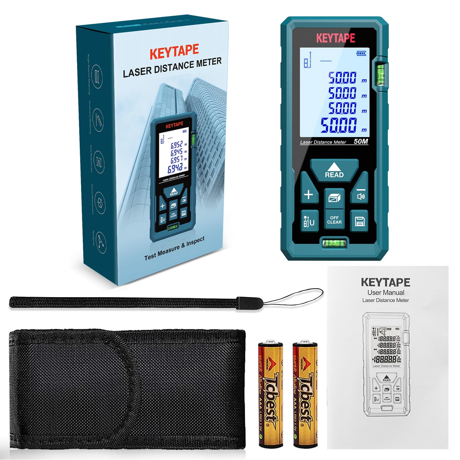 Télémètre Laser Numérique,KEYTAPE DT50 50m Mètre Laser numérique,Mesure du théorème de Longueur/Zone/Volume/Théorème de Pythagore avec Rétroéclairage LCD, IP54
