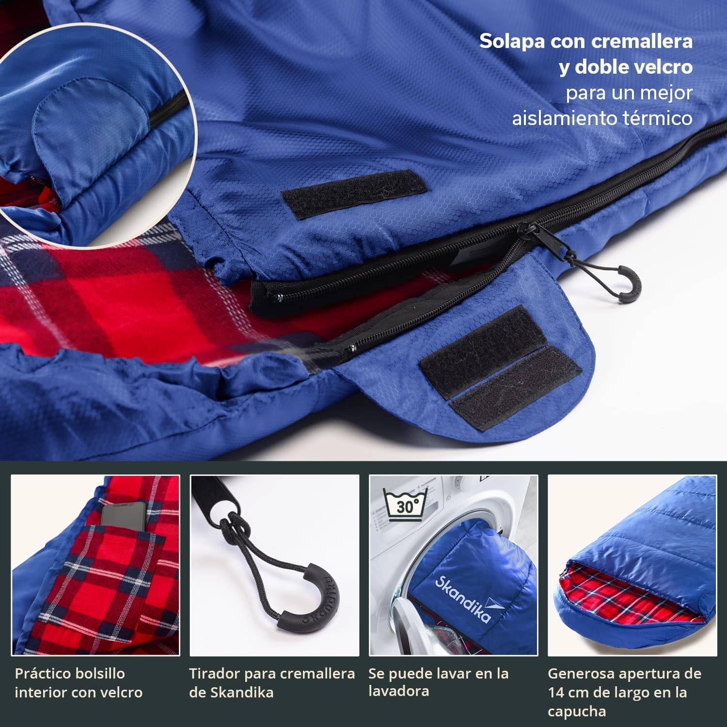 Saco de Dormir Dundee Flannel | Saco de Dormir de algodón para Adultos, acoplable, 3 Estaciones, hasta -20°C, 220 x 80 cm / 220 x 160 cm Saco de Dormir Doble (Azul/Derecha)