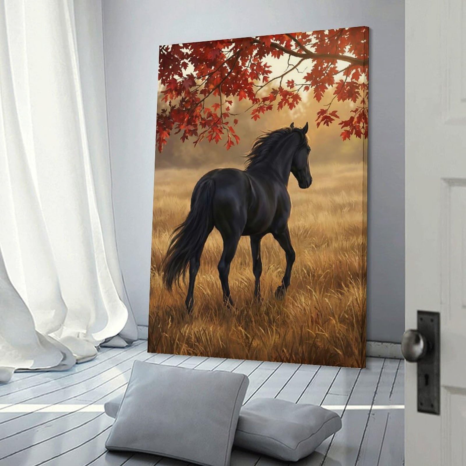 Junmoney Hanging Wall Art Black Horse in Autumn Field, 16x24inch(40x60cm), for Work Areas, Reading Rooms Or Studios, Wall Art That Adds Style to Work Areas
