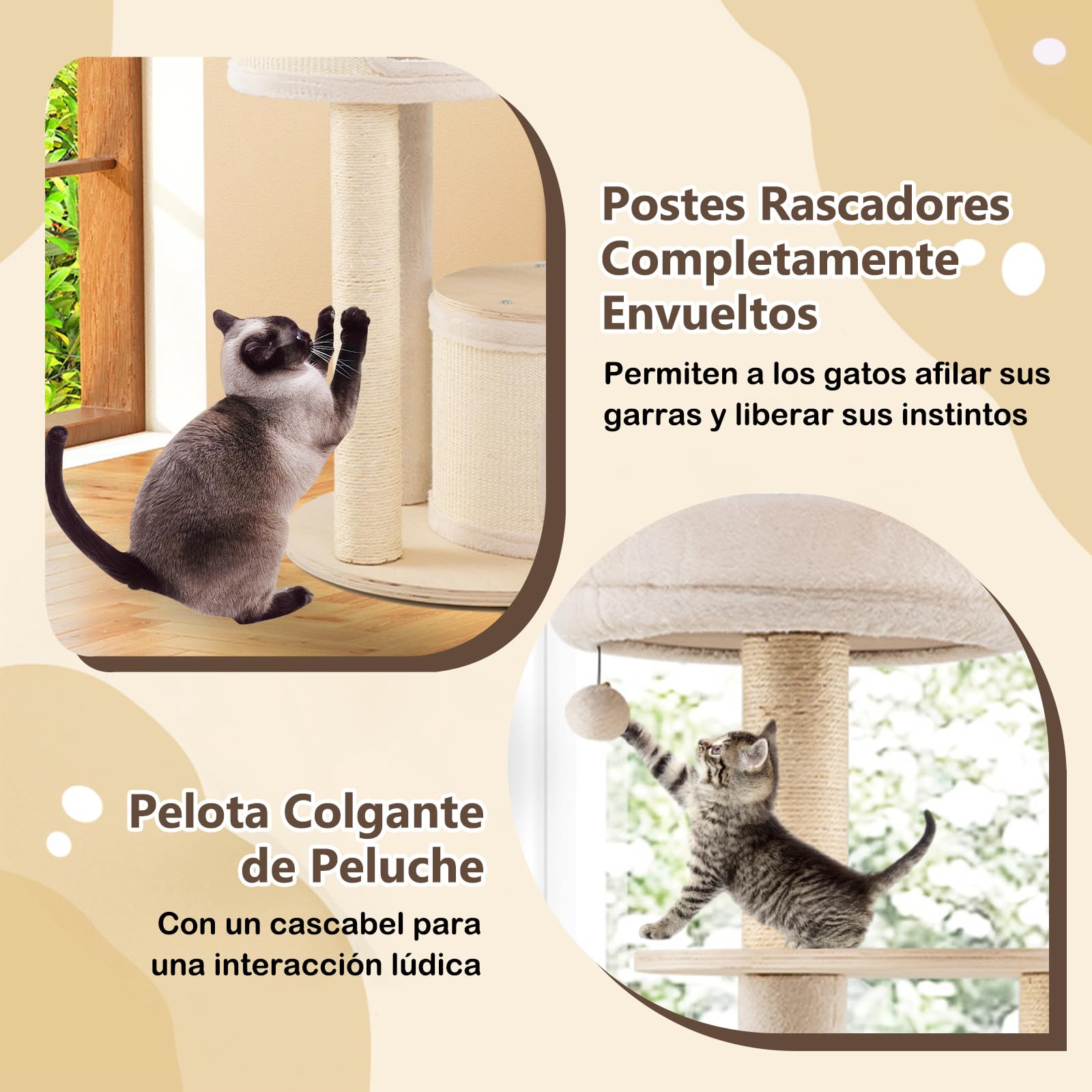 GYMAX Árbol Alto para Gatos, Centro de Actividades Multinivel para Gatitos, Torre con Postes Rascadores de Sisal, 2 Espaciosos Condominios, Percha Superior de Felpa, Hamaca, Pelota, Cubierta Removible