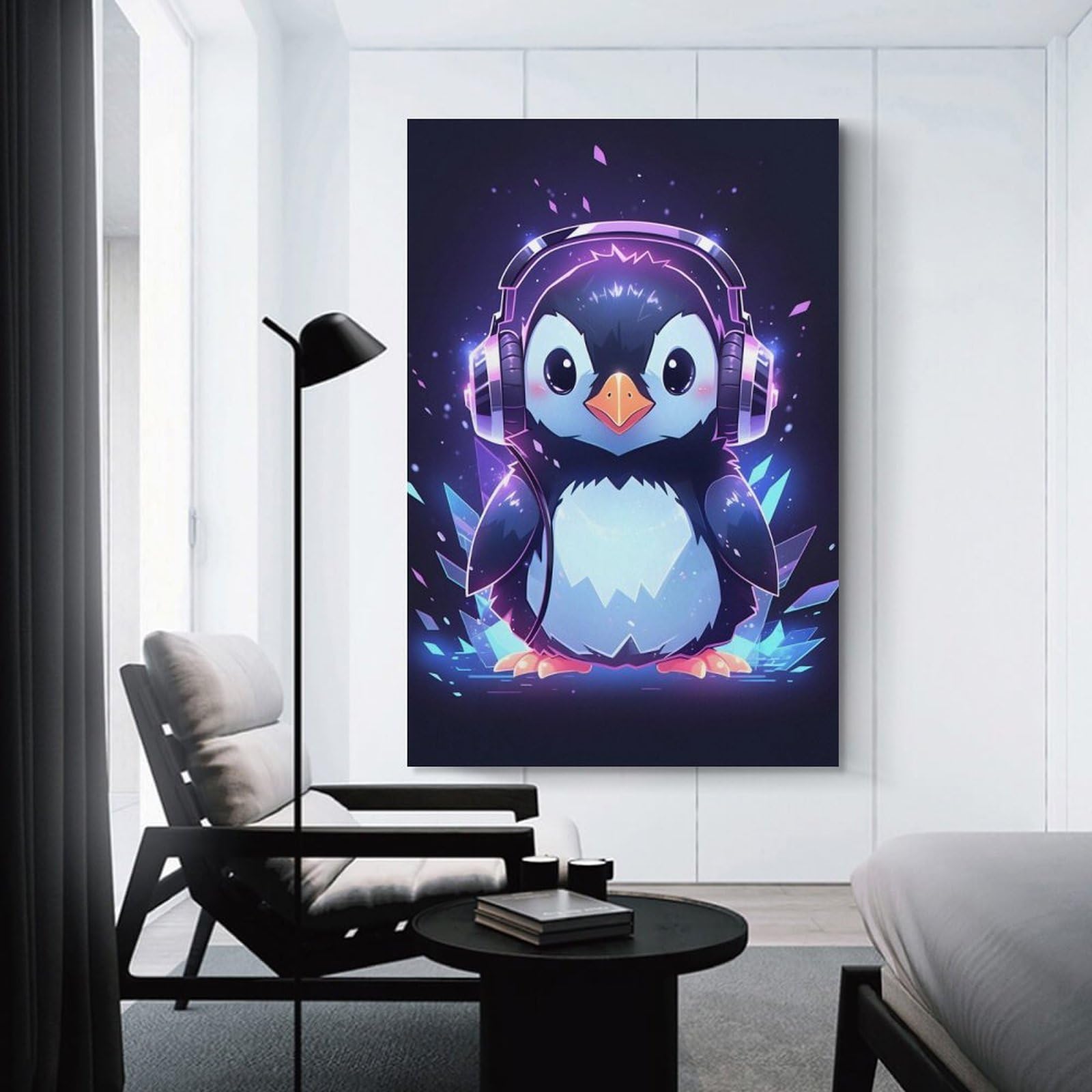 Junmoney Ice Penguin Headphones Wall Decor Canvas Print 20x30inch(50x75cm), for Sofa Walls, Lounge Or Home Corners, Modern Wall Decor for Cosy Interiors