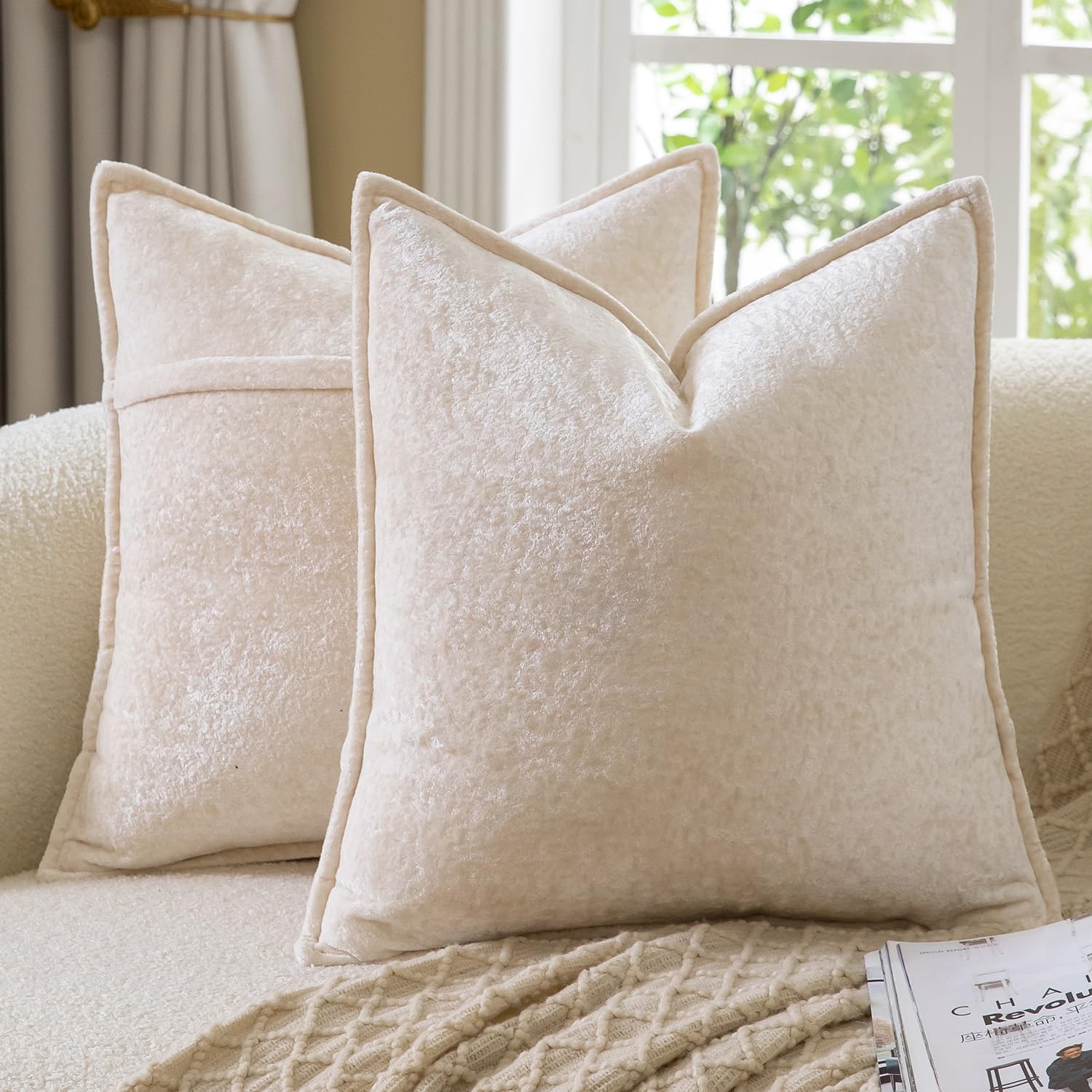 Madizz Decorative Vintage Chenille Cushion Covers Pack of 2 Plaid Couch Pillows Neutral Boho Farmhouse Pillow Cases Home Decor for Couch Sofa Bedroom Living Room 45x45 CM, Light Beige