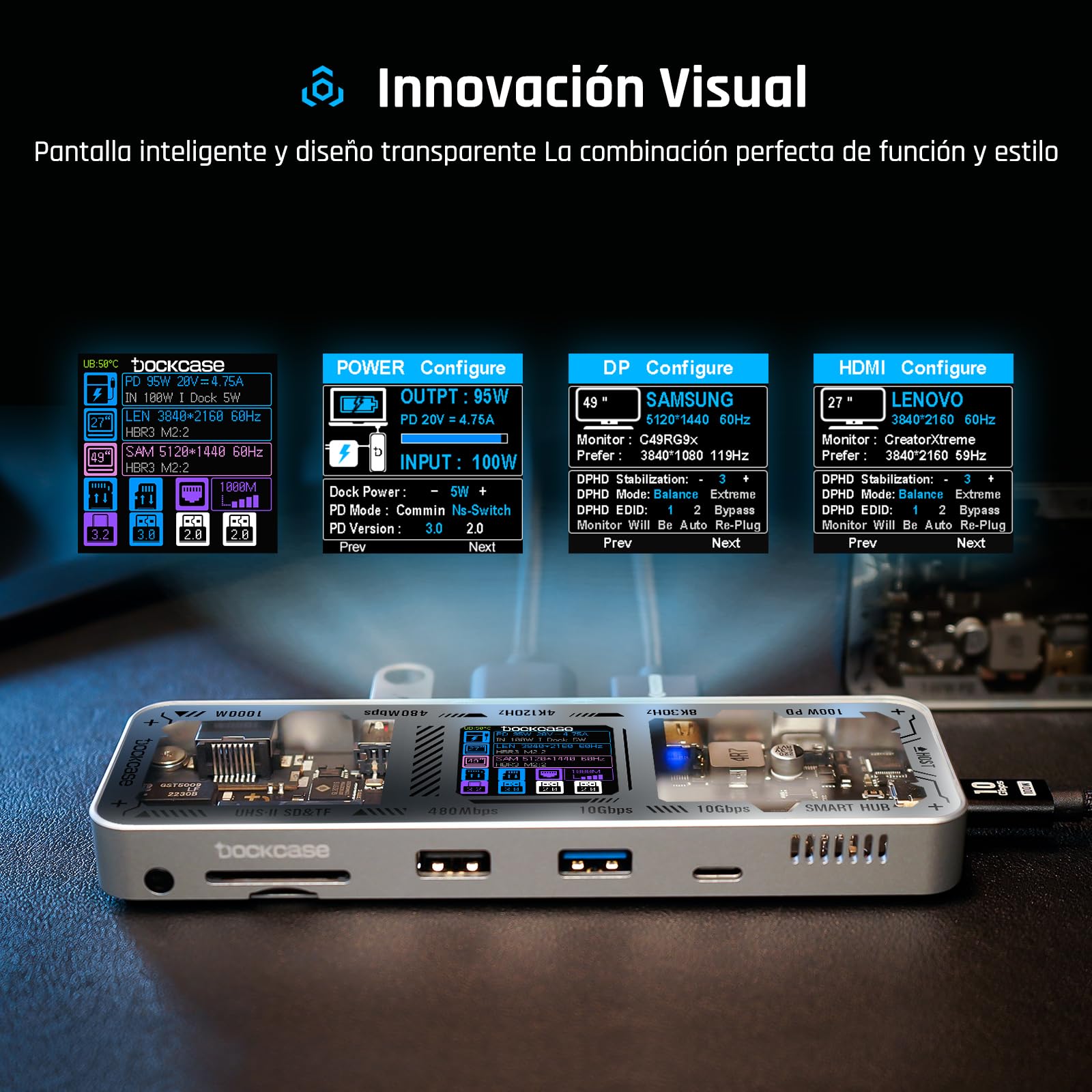 DOCKASE Smart USB-C Hub 10 en 1 Explorer Edition, Doble Pantalla 4K@60Hz, PD 100w, RJ45 Ethernet, 2 USB 3.2, 2 USB 2.0, Lector de Tarjetas UHS-II SD/TF, Dock USB C (Plata Brillante)